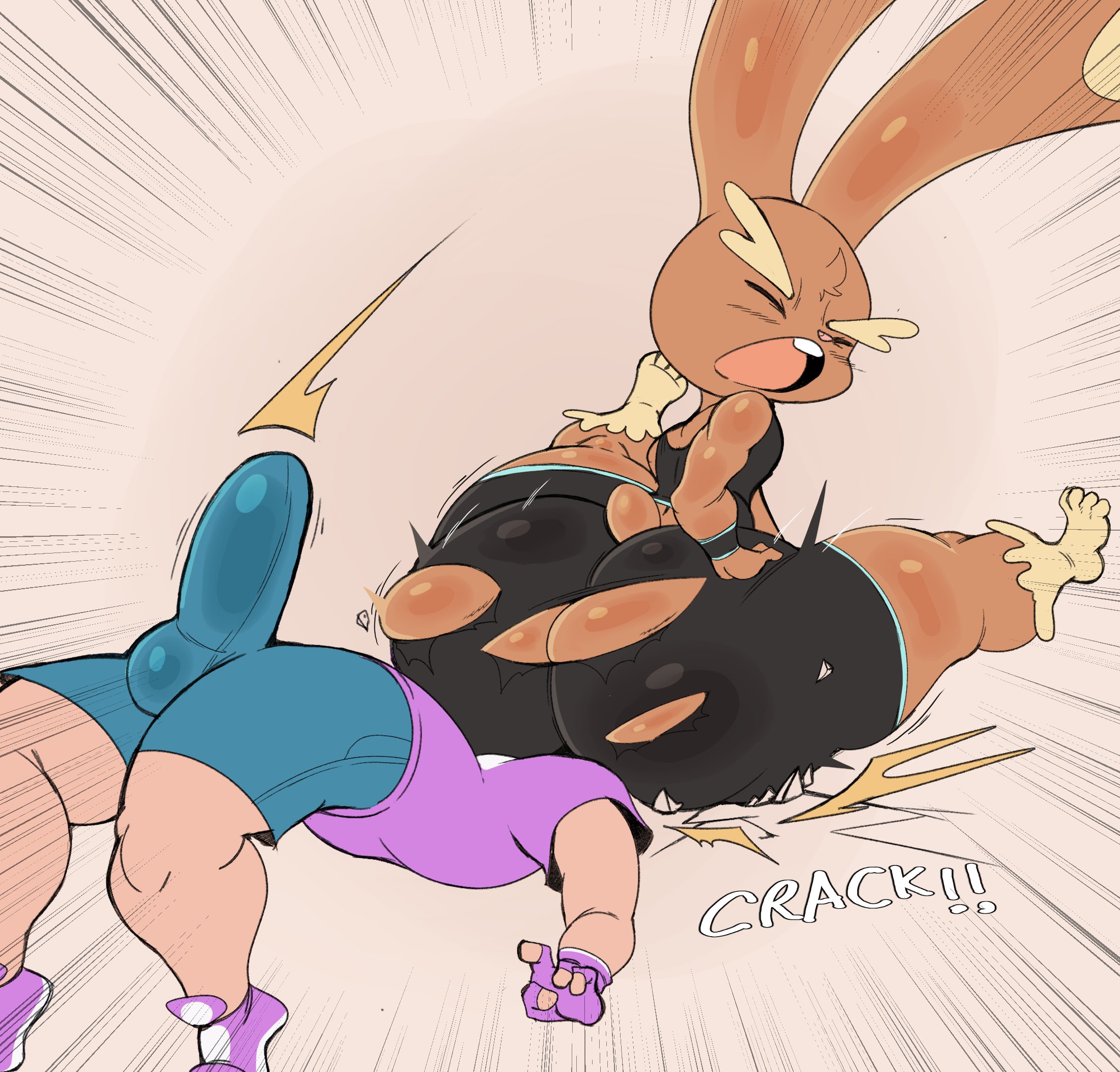 1boy, 1girls, anthro, ass, ass focus, big ass, bottom heavy, breasts, bubble ass, bubble butt, clothing, erection, erection under clothes, facesitting, female, huge ass, human on anthro, lagomorph, lopunny, lying, lying on back, male, nintendo, pokémon (species), pokemon, pokemon (species), purple yoshi draws, rabbit, sitting, sitting on face, sitting on person, small breasts, thick thighs, torn clothes, torn clothing, trainer, wide hips