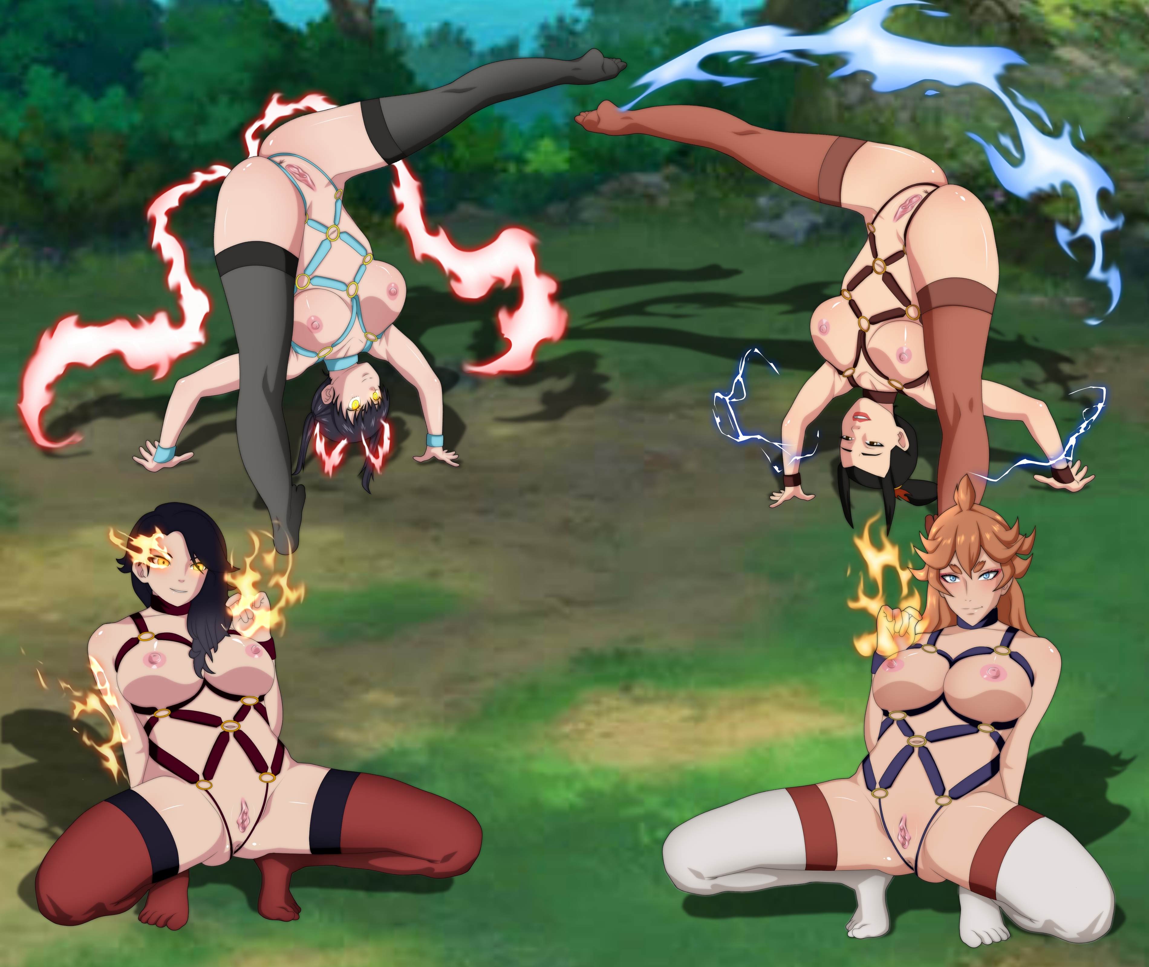 4girls, absurdres, anus, ass, avatar the last airbender, azula, black clover, black hair, blue fire, breasts, cinder fall, clitoris, crossover, eastern and western character, enen no shouboutai, female, female only, fire, fire force, fire manipulation, fire nation, flame, highres, kotatsu tamaki, medium breasts, mereoleona vermillion, multiple females, multiple girls, pussy, rwby, stockings, thighhighs, uncensored