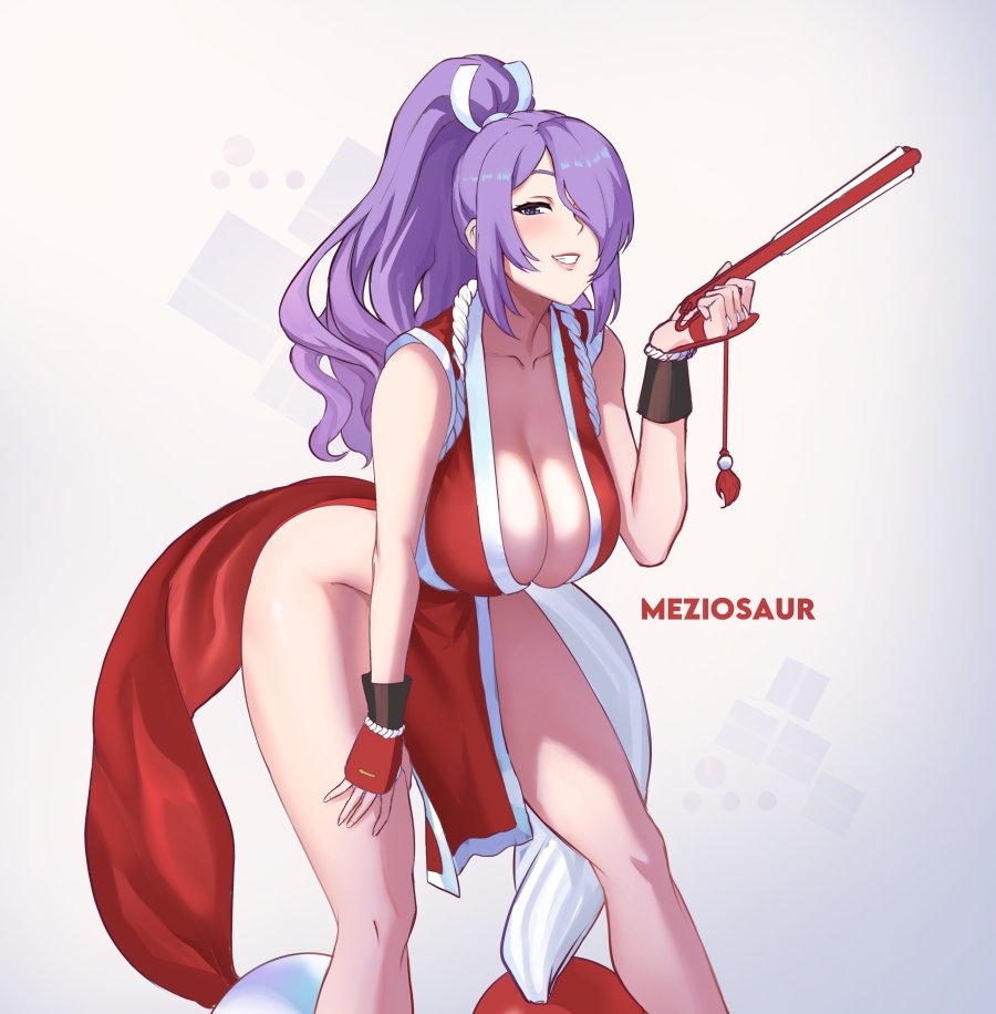 1girls alternate_costume alternate_hairstyle artist_name blush breasts camilla_(fire_emblem) cleavage collarbone commentary cosplay crossover english_commentary fatal_fury female female_only fire_emblem fire_emblem_fates folding_fan grin hair_over_one_eye hand_fan high_ponytail holding holding_fan japanese_clothes kimono king_of_fighters large_breasts lips long_hair looking_at_viewer mai_shiranui_(cosplay) meziosaur ninja nintendo one_eye_covered pelvic_curtain pink_lips purple_eyes purple_hair red_kimono revealing_clothes smile solo teeth thighs wavy_hair white_background