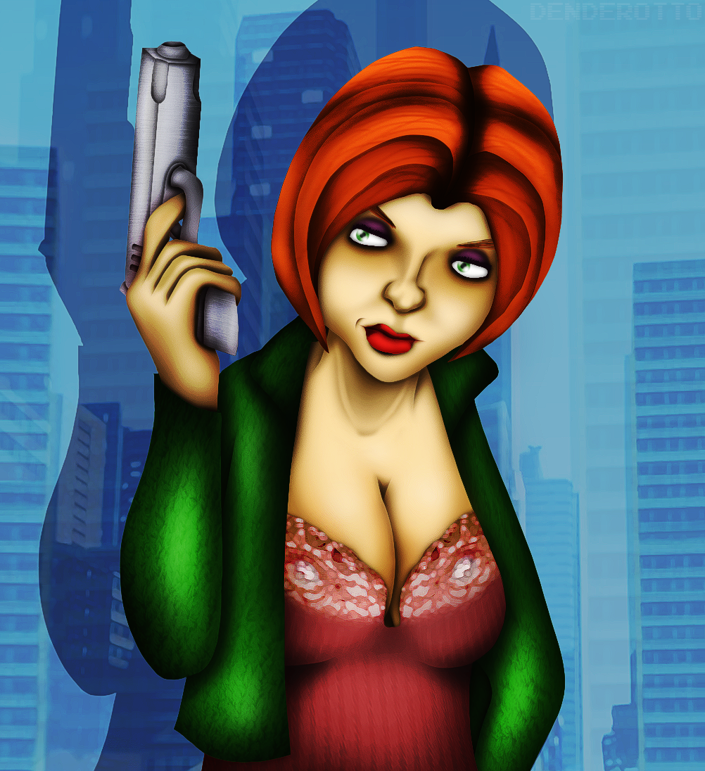 1girls bra cleavage denderotto female female_focus female_only grand_theft_auto grand_theft_auto_iii green_eyes gun holding_weapon large_breasts misty_(gta) orange_hair red_lipstick short_hair solo