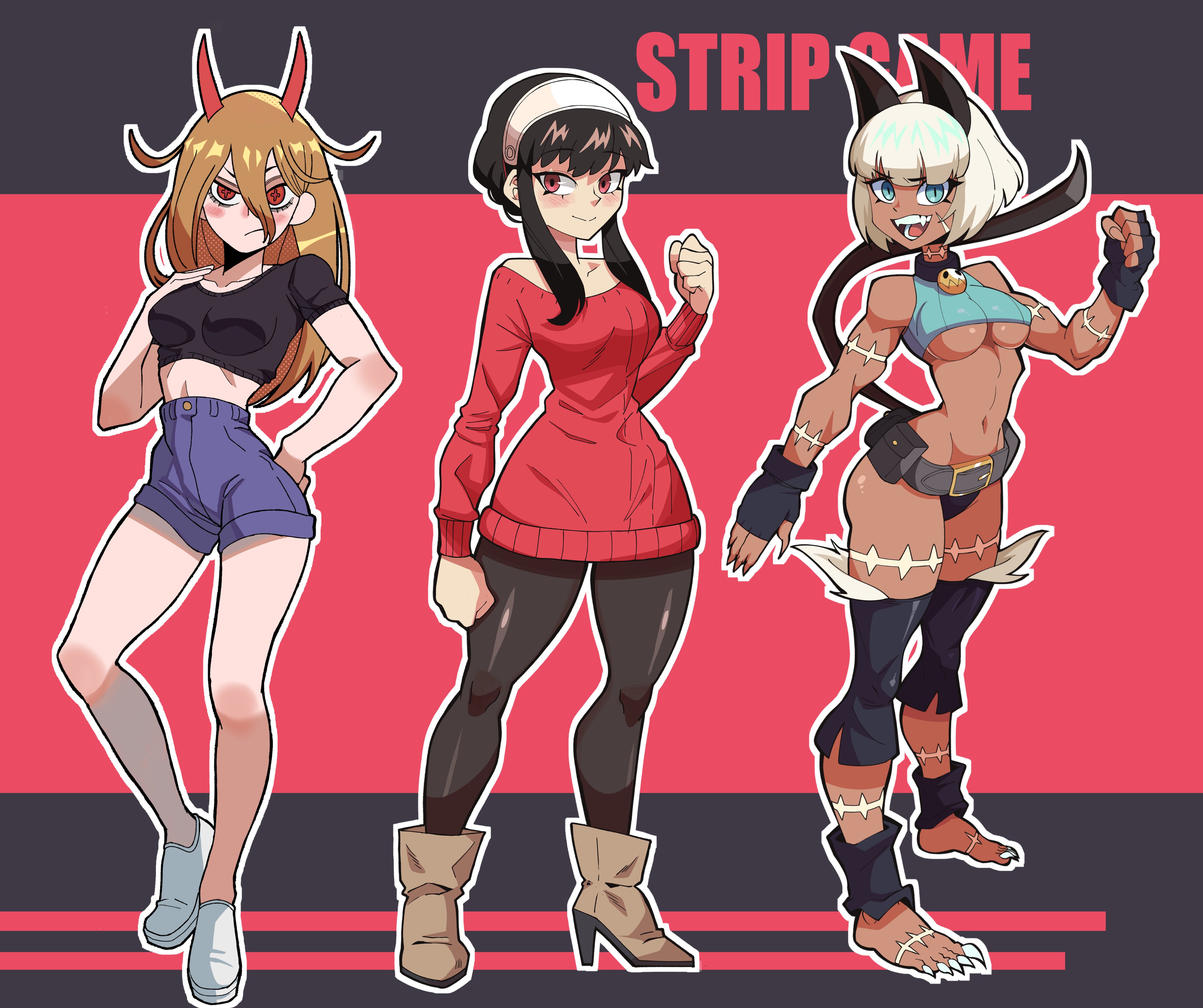3girls, big breasts, black hair, breasts, chainsaw man, diadem, female, fringe, light skin, light-skinned female, mg99, mg991998, multiple females, multiple girls, nadia fortune, pale skin, pale-skinned female, petite, power (chainsaw man), red eyes, skullgirls, spy x family, tagme, yor briar, yor forger
