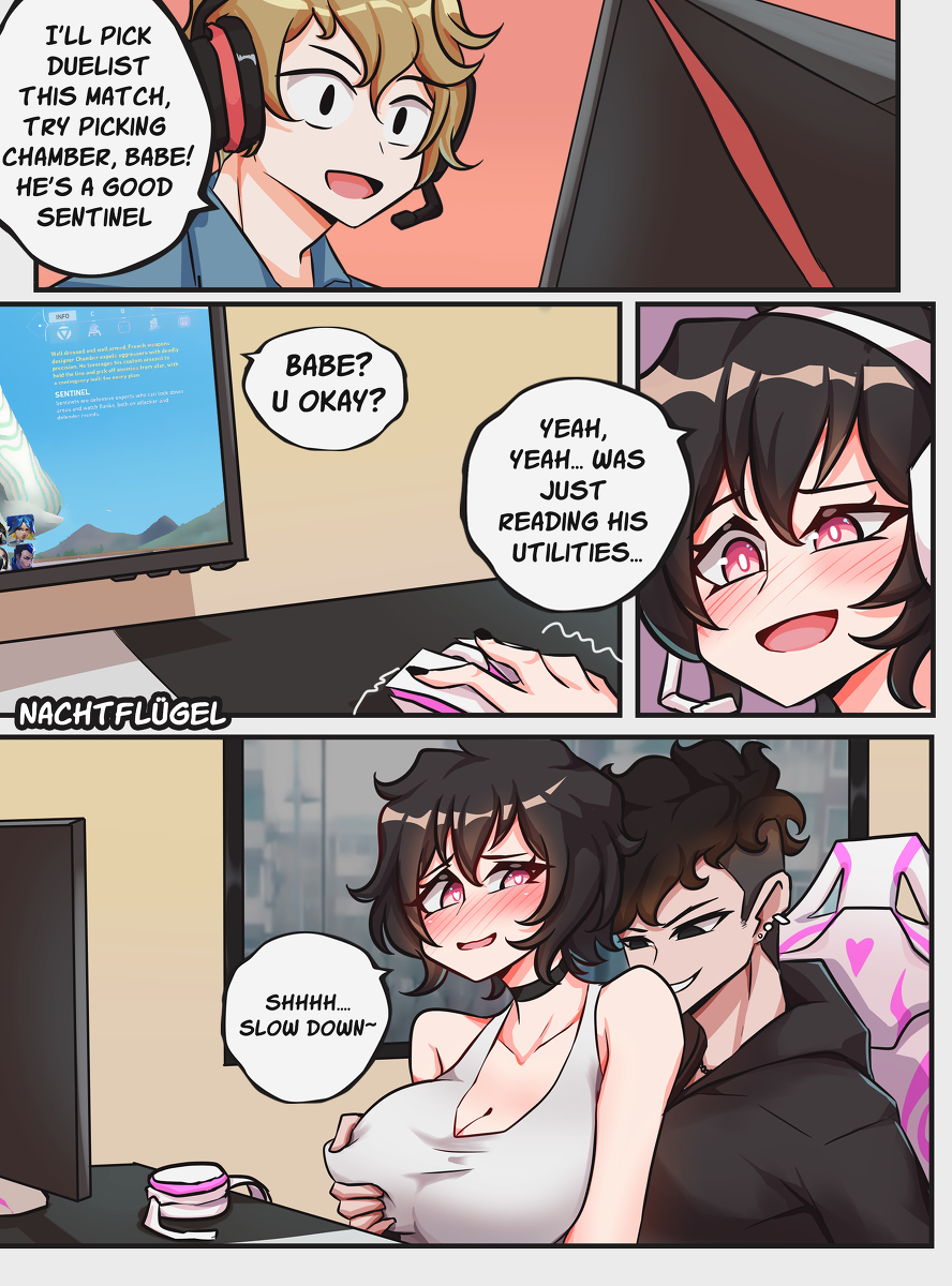 1girls 2boys big_breasts blush breast_grab breast_grab_from_behind breasts computer dialogue english_text gamer_chair gamer_girl implied_sex nachtflügel netorare sex_while_gaming short_hair shushing text text_bubble trembling