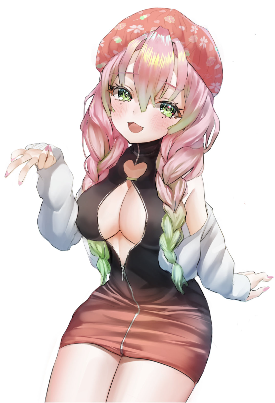 alternate costume, bangs, beret, big breasts, blush, boob window, braided hair, breasts, cleavage, demon slayer, female, female only, green eyes, hat, headwear, kanroji mitsuri, kimetsu no yaiba, long hair, looking at viewer, mole under eye, nail polish, off shoulder, open mouth, pink hair, pink nails, short dress, shubewbz, sitting, sleeveless, smile, solo, sweater, two-tone hair, unzipped