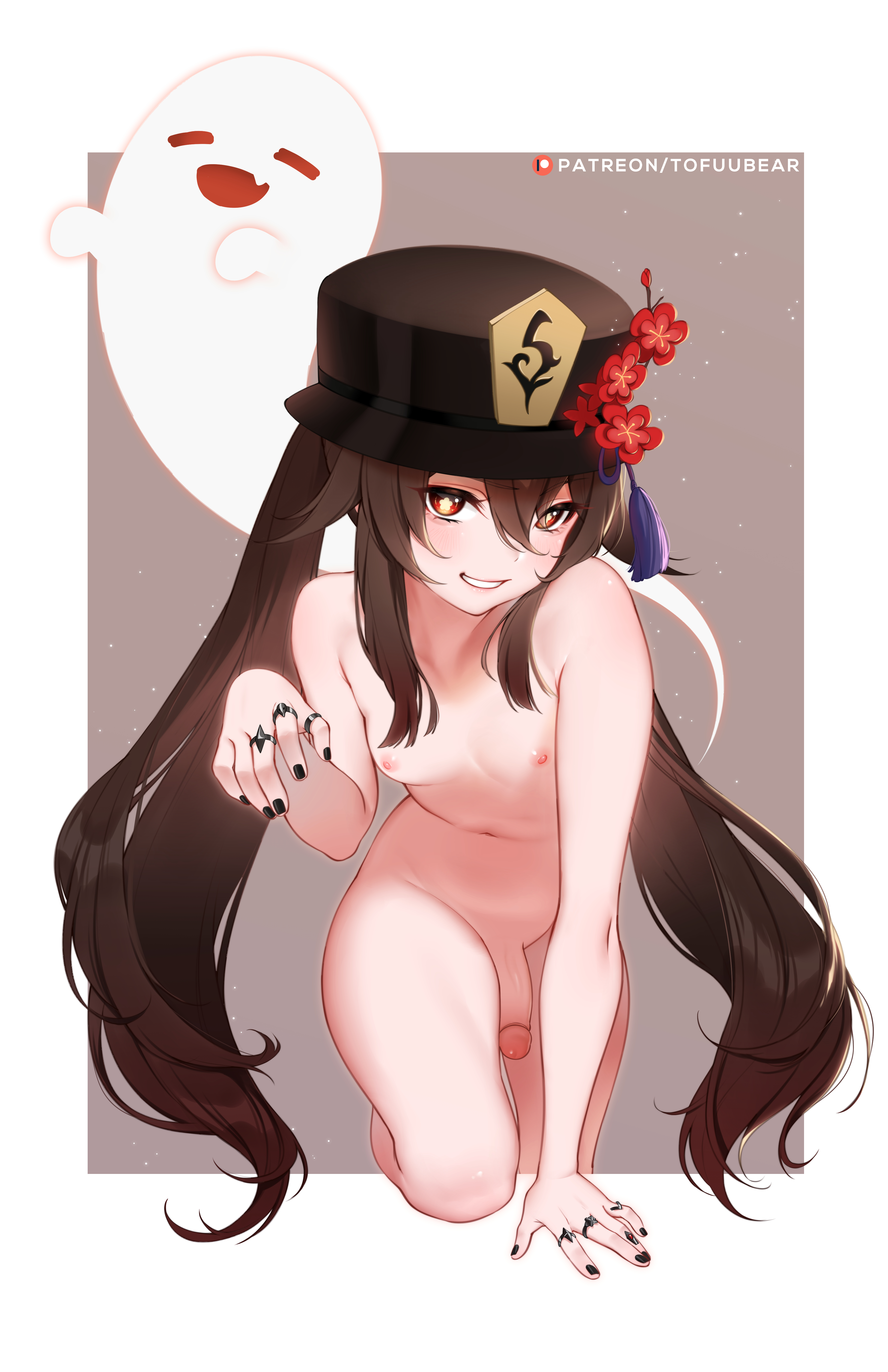 1futa, all fours, areolae, breasts, brown hair, front view, futa only, futanari, genshin impact, hat, hu tao (genshin impact), human, intersex, light skin, light-skinned futa, long hair, looking at viewer, medium penis, nipples, nude, penis, small breasts, solo, thick thighs, tofuubear, twintails