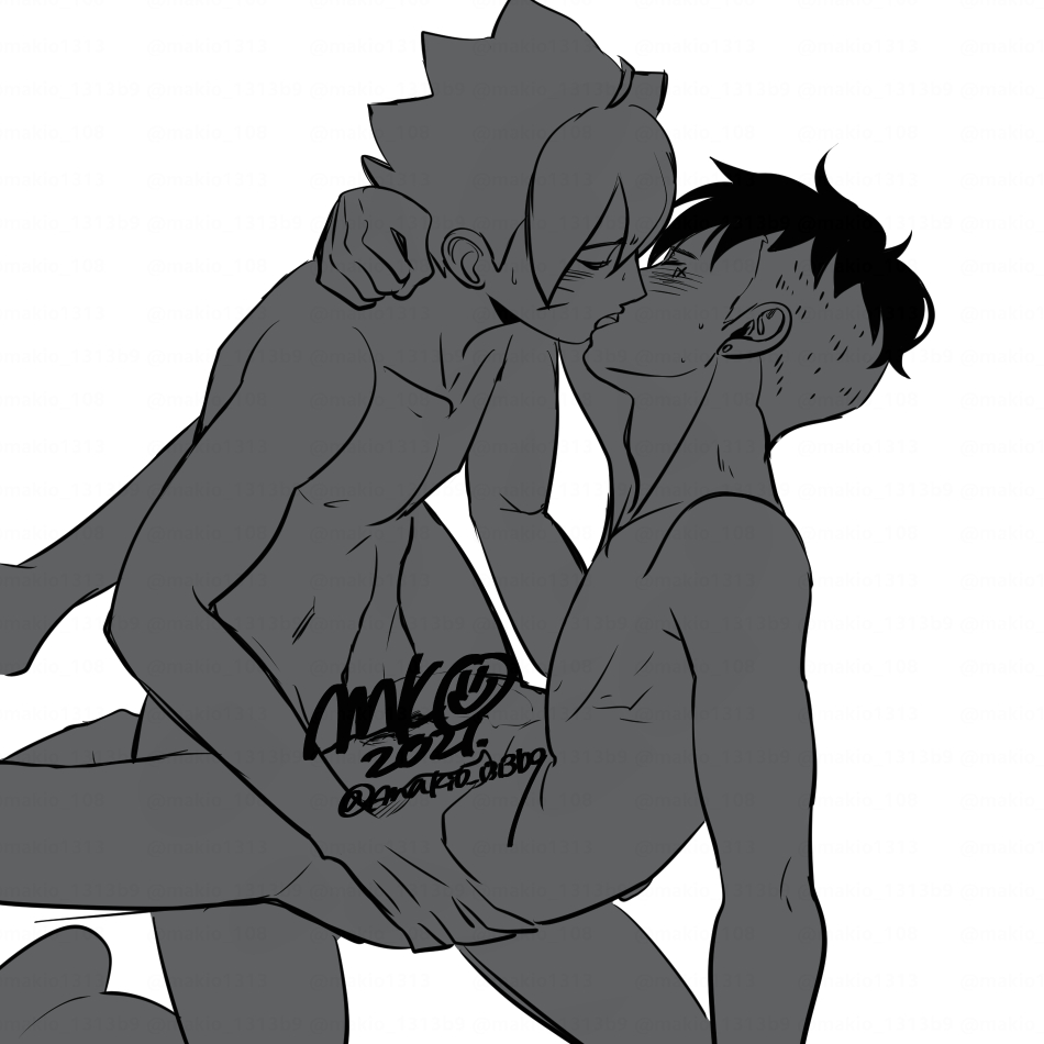 2021, 2boys, boruto: naruto next generations, carrying, closed eyes, convenient censoring, dated, gay, greyscale, kawaki, kissing, kneeling, makio131369, male, male only, male/male, monochrome, multiple boys, multiple males, naked, naruto, naruto (series), passionate, penis, plain background, sex, short hair, simple background, uzumaki boruto, watermark, white background, yaoi