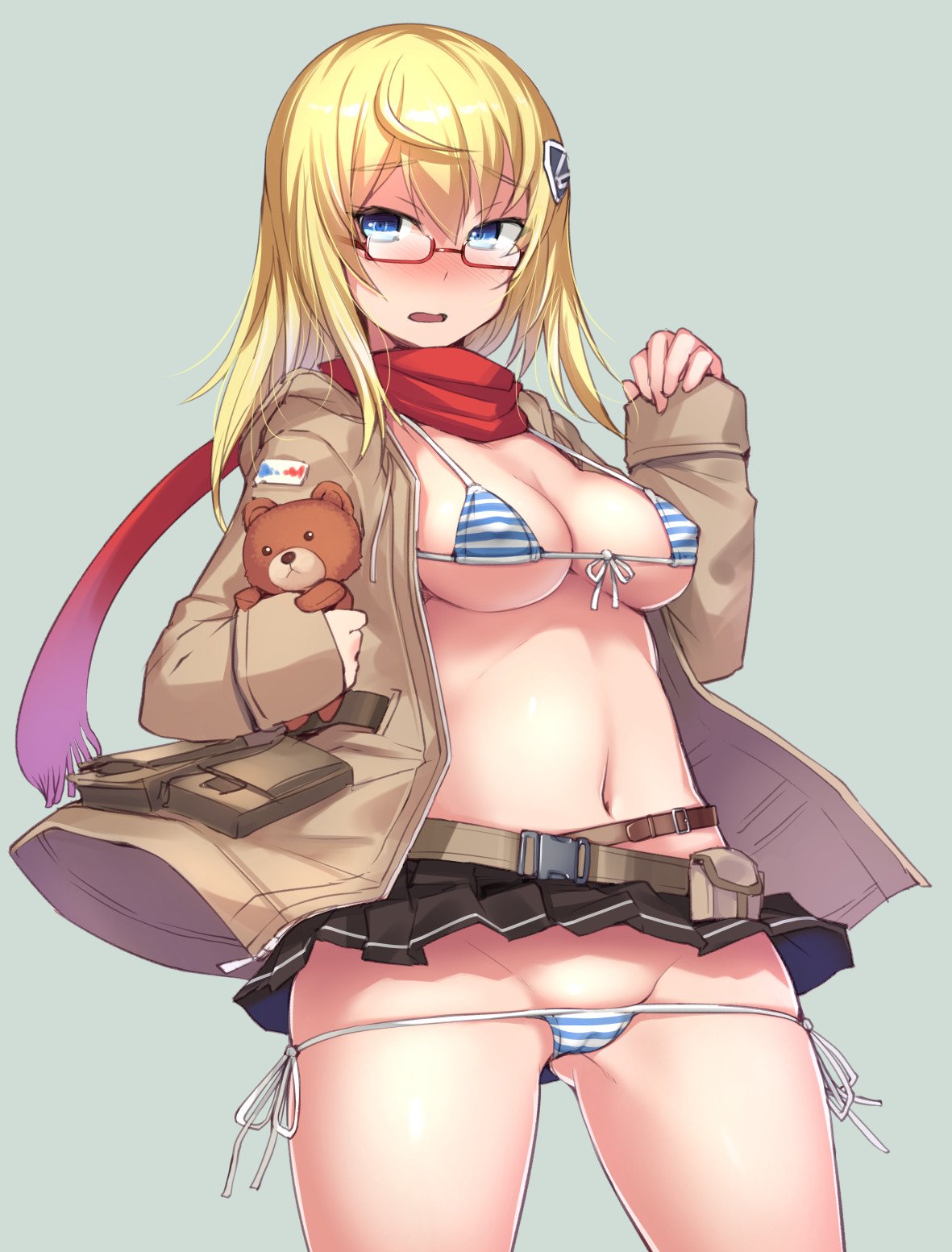 ahoge as_val_(girls'_frontline) bikini black_skirt blonde_hair blue_eyes blush bosshi breasts cameltoe coat covered_nipples female girls'_frontline glasses hair_ornament highres long_hair long_sleeves looking_away lowleg medium_breasts medium_hair miniskirt navel panties panty_pull pleated_skirt red-framed_eyewear red_scarf scarf side-tie_bikini skirt solo string_bikini striped striped_bikini stuffed_animal stuffed_toy swimsuit teddy_bear underwear