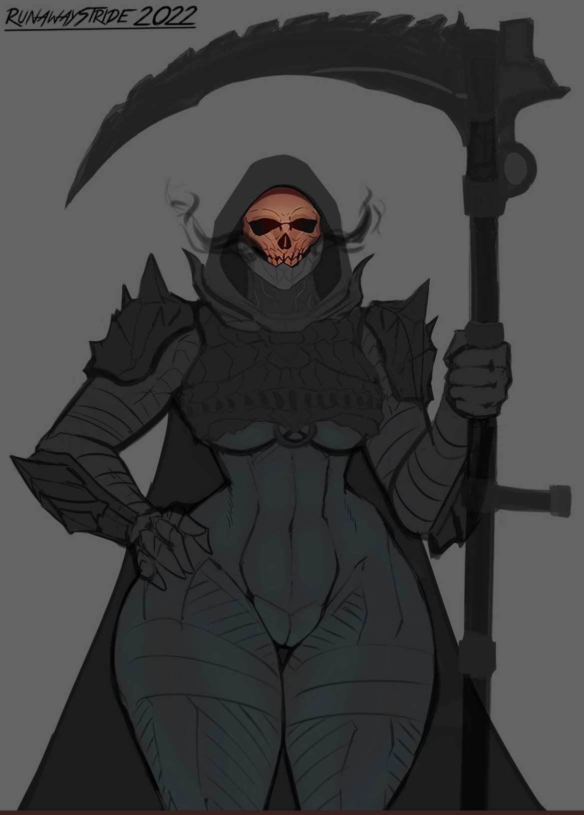 armor, armored gloves, ass, bungie, destiny (game), female, guardian (destiny), hood, hood up, hunter, hunter (destiny), runawaystride, shoulder pads, skull, spikes, synth (tool), thick ass