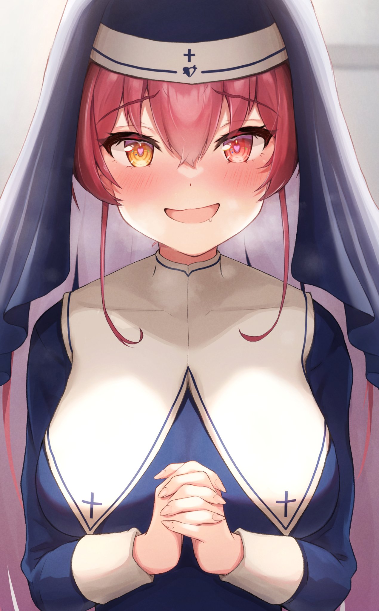 artist request, blush, female, habit, heart-shaped pupils, heterochromia, hololive, hololive fantasy, hololive japan, houshou marine, houshou marine (nun), nun, open mouth, red hair, tagme, virtual youtuber