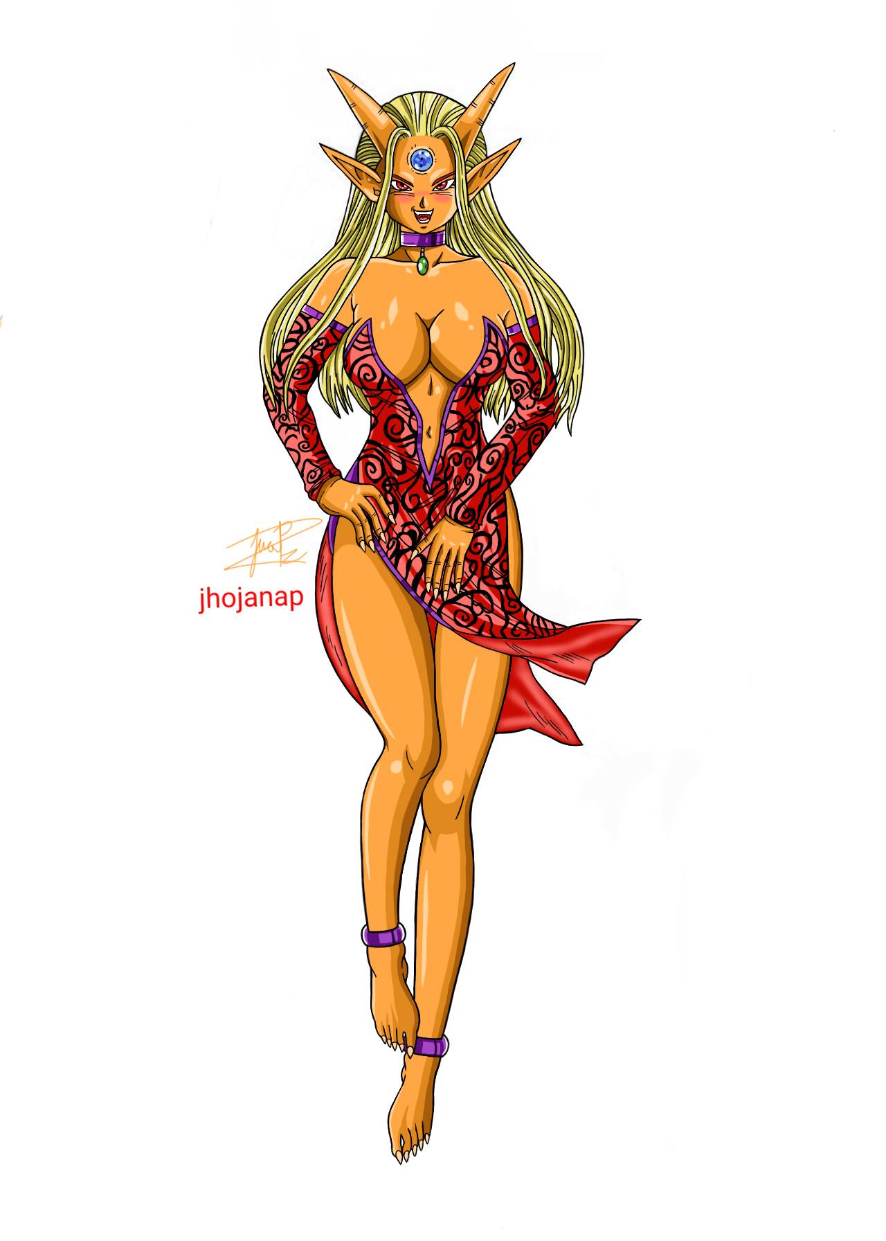 1girls ankle_cuffs arm_gloves bangs bare_shoulders big_breasts blonde_hair breasts choker cleavage clothes dragon_ball dragon_ball_(object) dragon_ball_af dragon_ball_z dragon_girl fangs hand_on_hip horns hourglass_figure jhojanap legs_together long_hair looking_at_viewer navel necklace open_mouth orange_skin pointy_ears red_eyes simple_background smile solo standing super_san_shenron super_san_xing_long_(oc) thick_thighs upskirt watermark white_background