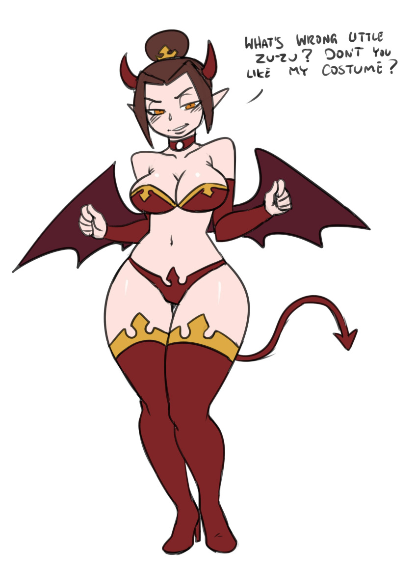 1girls, avatar the last airbender, azula, big breasts, bra, breasts, brother and sister, child bearing hips, choker, cleavage, cosplay, costume, darkeros13, demon, demon girl, dialogue, english text, fake horns, fake tail, female, female only, heels, high heels, hips, horns, implied incest, large breasts, panties, smile, smiling at viewer, solo, stockings, succubus, teasing, text, wide hips