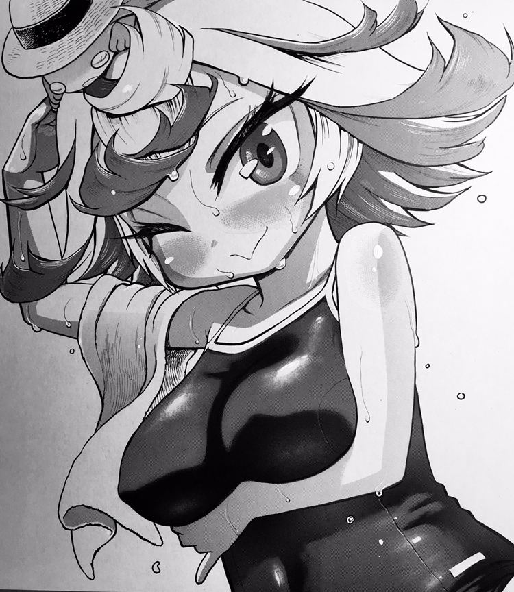 alternate_costume arm_under_breasts big_breasts blush female female_only kikimolaru looking_at_viewer made_in_abyss meinya monochrome nipple_bulge one-piece_swimsuit one_eye_closed prushka short_hair smile solo spiky_hair swimsuit traditional_media_(artwork) two_tone_hair wet wet_skin