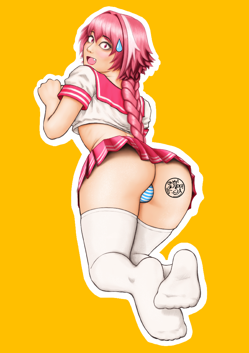 1boy astolfo_(fate) bulge crossdressing fate/grand_order fate_(series) femboy from_behind girly ohmyseki outline pink_hair skirt upskirt