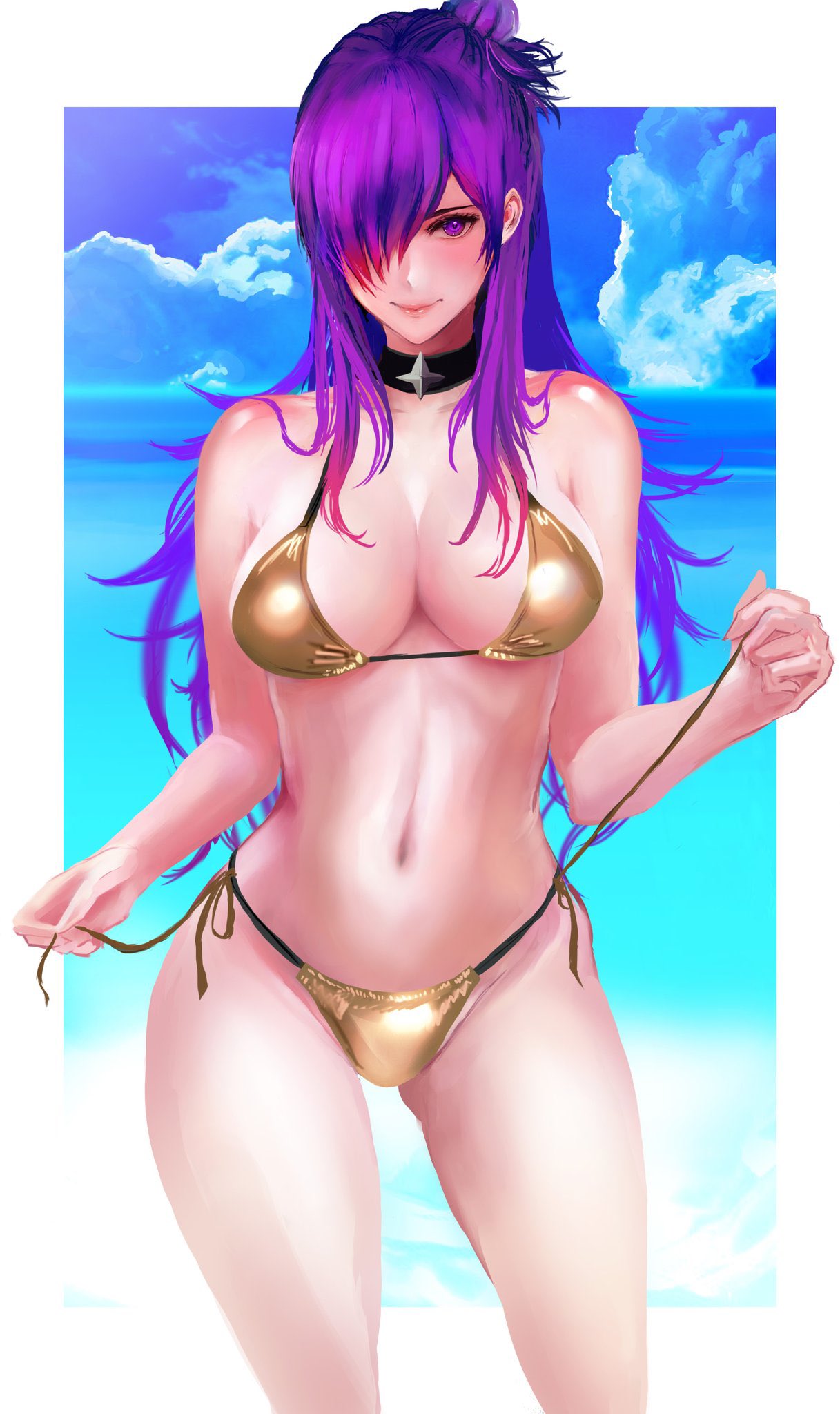 1girls alternate_costume bikini breasts cleavage female female_only fire_emblem fire_emblem:_three_houses fire_emblem_warriors:_three_hopes gold_swimsuit golden_bikini hair_over_one_eye highres jack_(kairuhaido) large_breasts long_hair looking_at_viewer navel nintendo purple_eyes purple_hair shez_(female)_(fire_emblem) shez_(fire_emblem) solo swimsuit untying very_long_hair yellow_bikini yellow_swimsuit