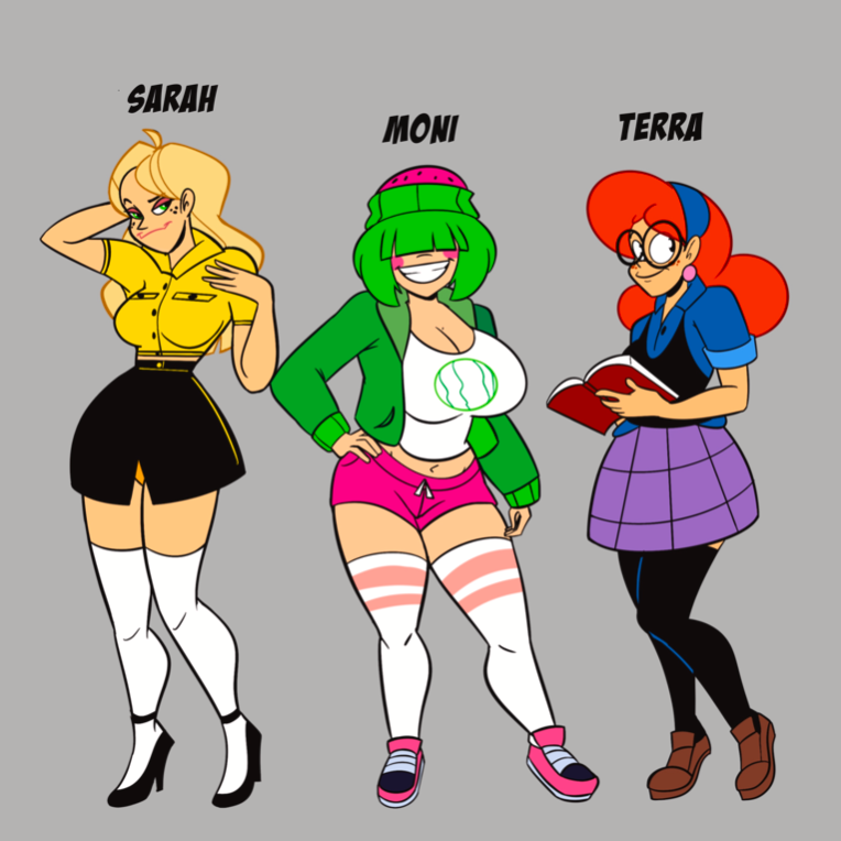 3girls artist_name atomickingboo background big_breasts black_legwear blonde_female blonde_hair breasts busty cleavage clothing curvaceous curvy eyelashes female female_only freckles gamer_girl glasses green_hair high_heels hips hourglass_figure large_breasts legs light-skinned_female light_skin lips long_hair lower_body moni_peiper nerd original original_character original_characters punk_girl red_hair sarah_mcneil short_hair simple_background sunglasses terra_mandrile thick thick_legs thick_thighs thighs tinted_eyewear upper_body voluptuous watermark wide_hips