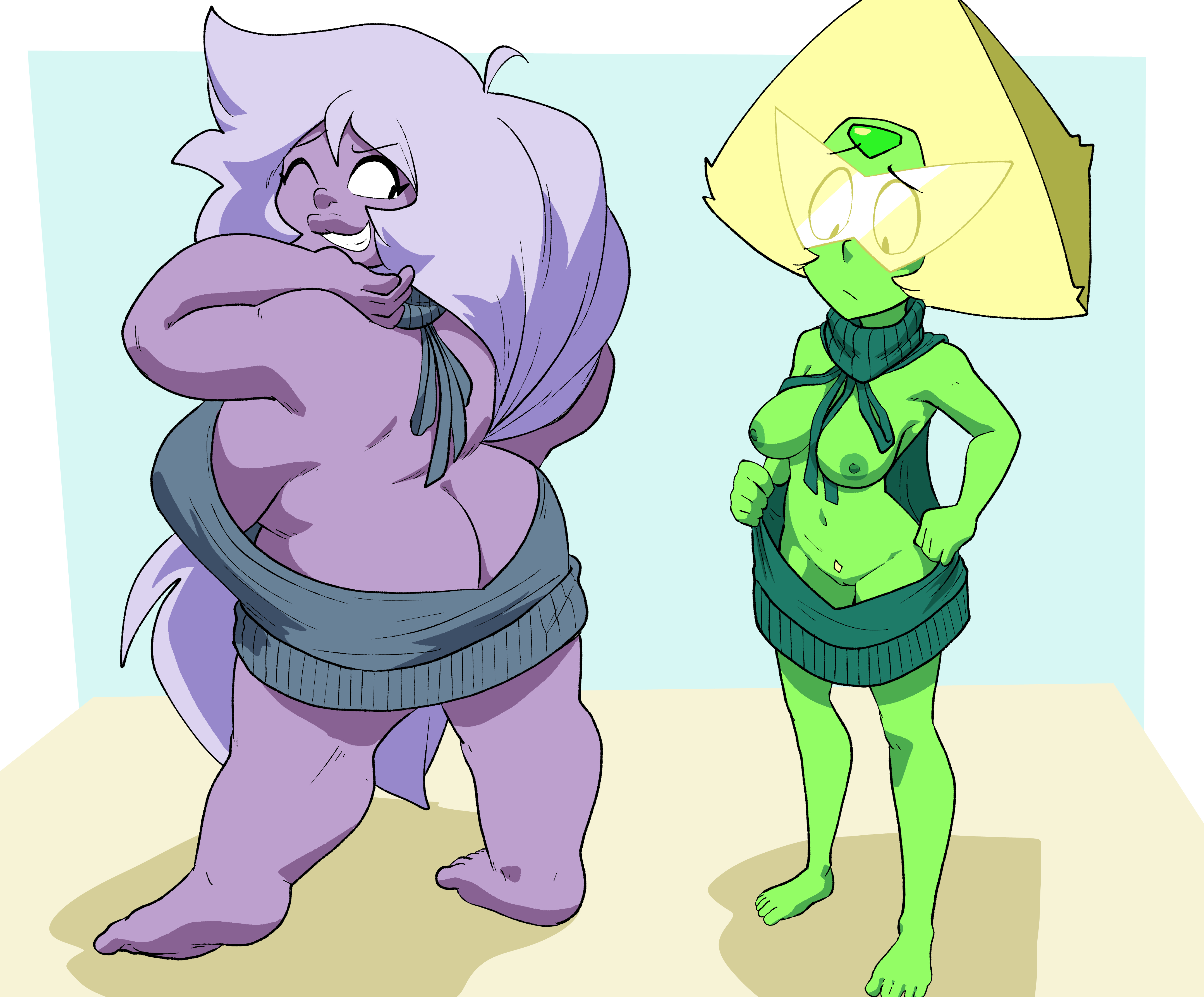 2girls, amethyst (steven universe), ass, ass cleavage, ass crack, bbw, breasts, butt crack, curvy, female, green hair, inkershike, multiple females, multiple girls, peridot (steven universe), purple skin, reverse virgin killer sweater, shortstack, standing, steven universe, virgin killer sweater, wardrobe malfunction
