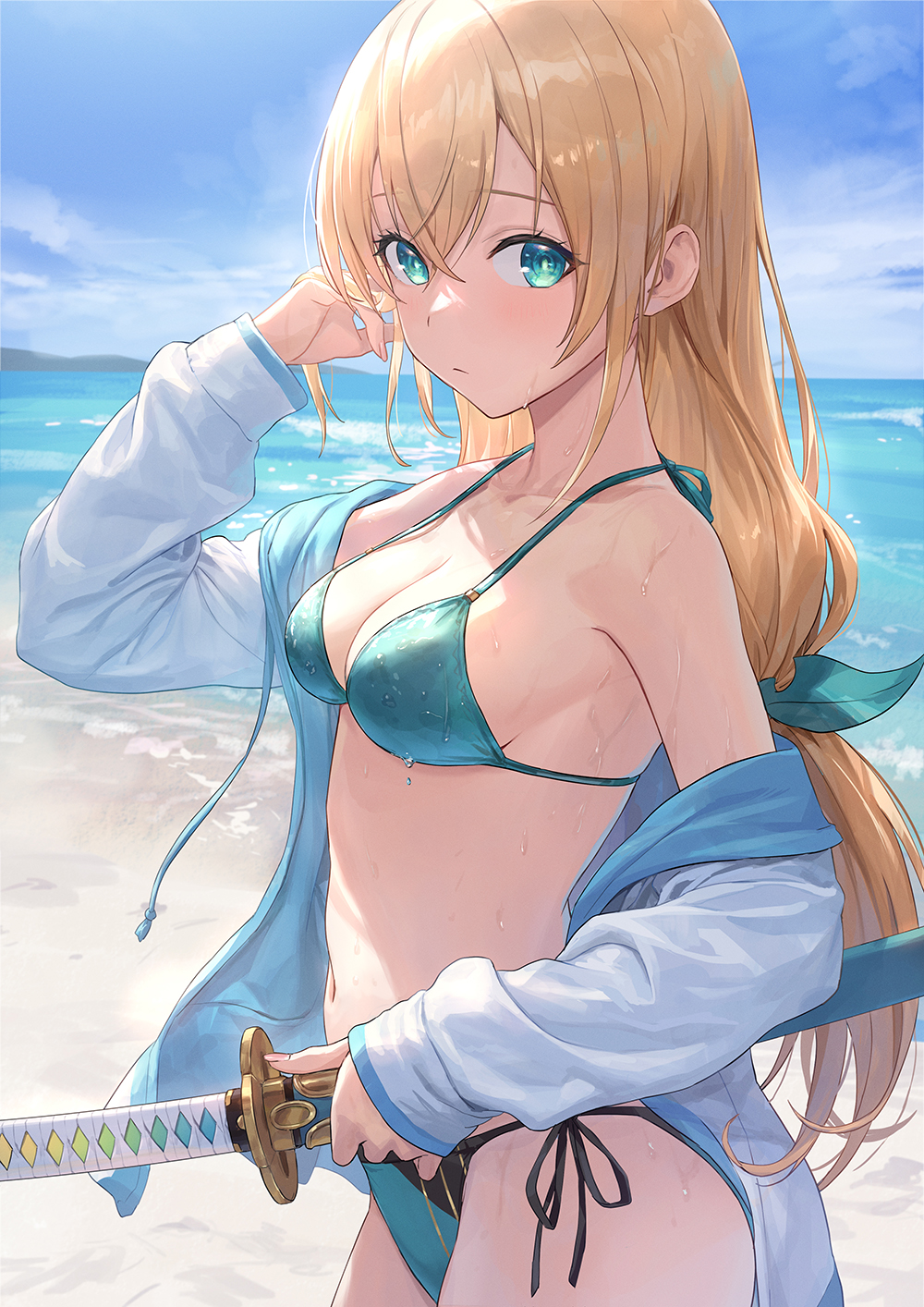 1girls beach big_breasts bikini blonde_hair breasts clouds cyan_eyes female female_only guchico_(guchico77) hololive hololive_japan holox katana kazama_iroha light-skinned_female light_skin outside sky solo tagme virtual_youtuber