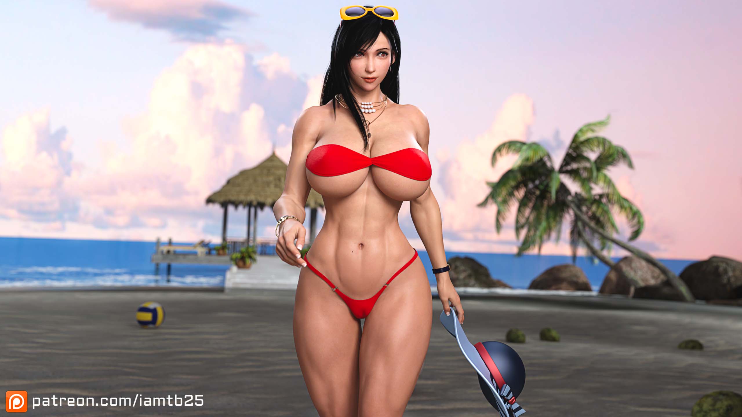 1girls, 3d, abs, beach, big breasts, bikini, black hair, breasts, eyewear, eyewear on head, female, female only, final fantasy, final fantasy vii, final fantasy vii remake, long hair, patreon username, red bikini, red hair, solo, sunglasses, sunglasses on head, swimsuit, tb25, tifa lockhart, volleyball