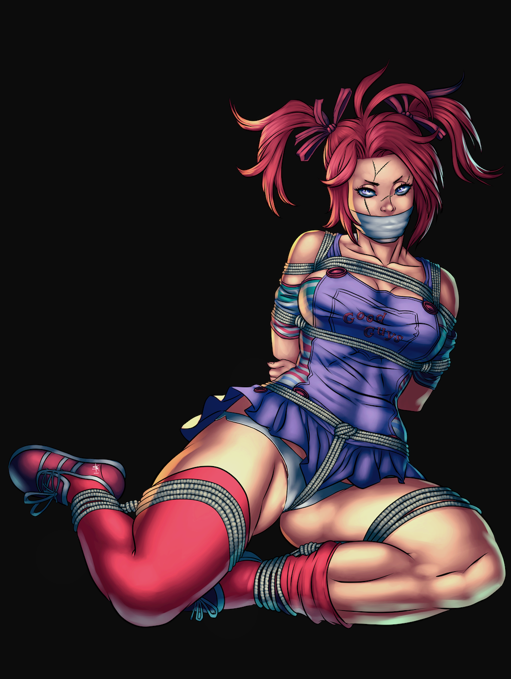 arms_tied_behind_back artist_request bishoujo_terror blue_eyes bondage bound_legs child's_play chucky crotch_rope gag gagged looking_at_viewer red_hair rule_63 scars tape_gag