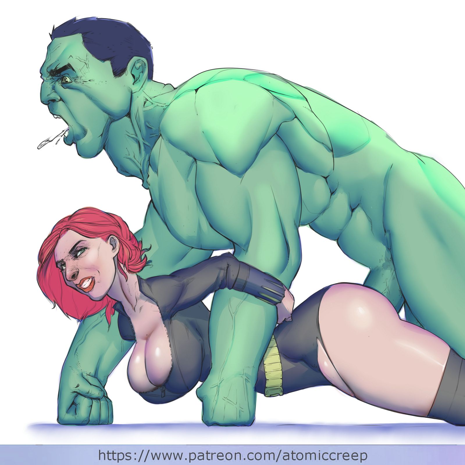 1boy, 1girls, ass, atomiccreep, avengers, black widow (marvel), cleavage, clenched teeth, female, green skin, green-skinned male, huge cock, hulk, hulk (series), human, light skin, light-skinned male, male, marvel, marvel comics, muscular, muscular male, natasha romanoff, penis, pussy, red hair, scarlett johansson, sex, short hair, size difference, straight, tight clothing, torn bodysuit, torn clothes, vaginal penetration, white background