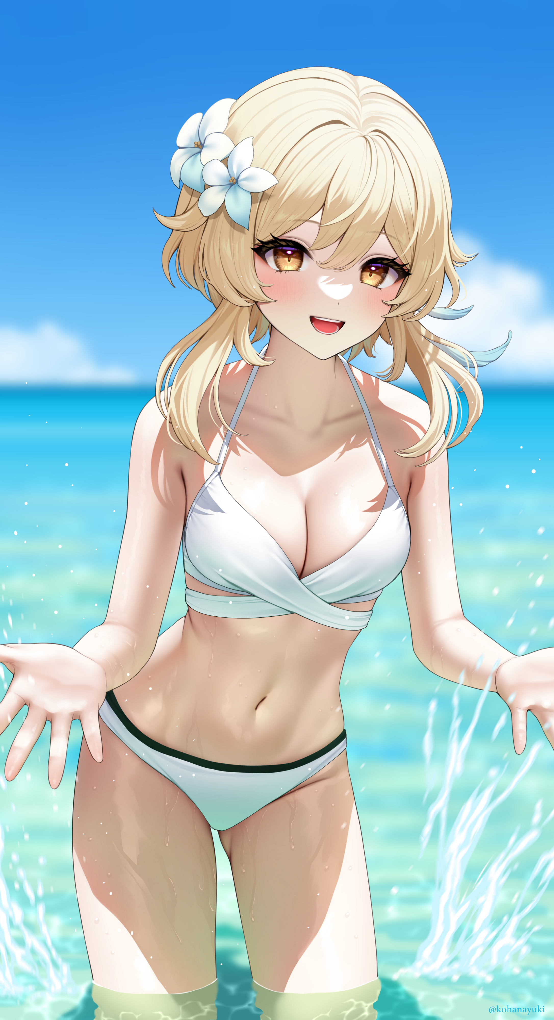 1girls, beach, bikini, blonde, blonde hair, breasts, cleavage, day, female, female only, flower in hair, genshin impact, kohanayuki, looking at viewer, lumine (genshin impact), navel, open mouth, shadow, short hair, solo, solo female, thighs, white bikini, yellow eyes