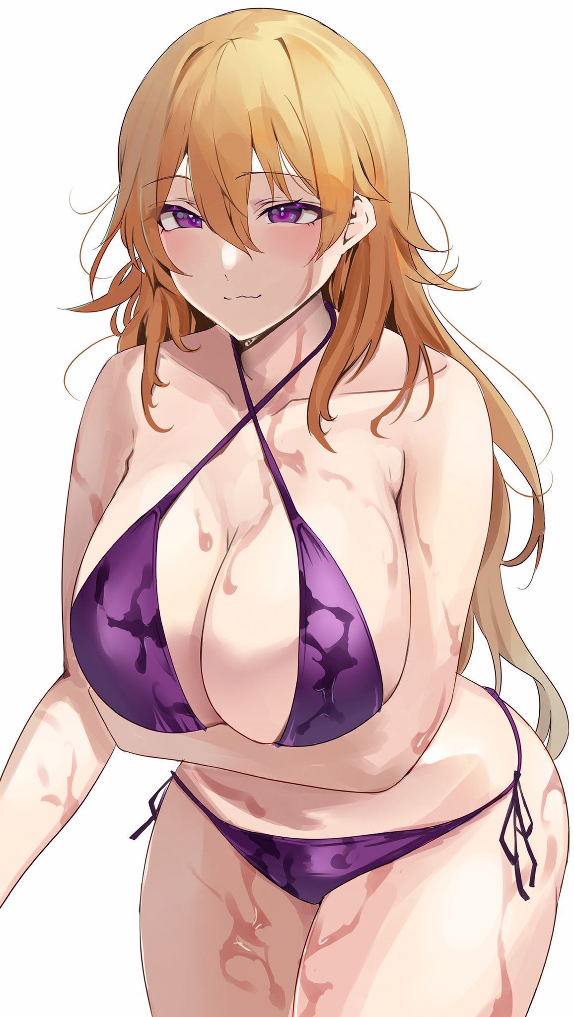 1girls big_breasts big_hips bikini breasts brown_hair busty cleavage female female_only fully_clothed hips huge_breasts intermammary_cleft konoe_kanata large_breasts light-skinned_female light_skin love_live! love_live!_nijigasaki_high_school_idol_club love_live!_school_idol_festival_all_stars pattern_bikini purple_eyes sweat sweatdrop swimsuit tagme thick_thighs thighs tight_clothing wet wet_body wet_clothing white_background yamasonson