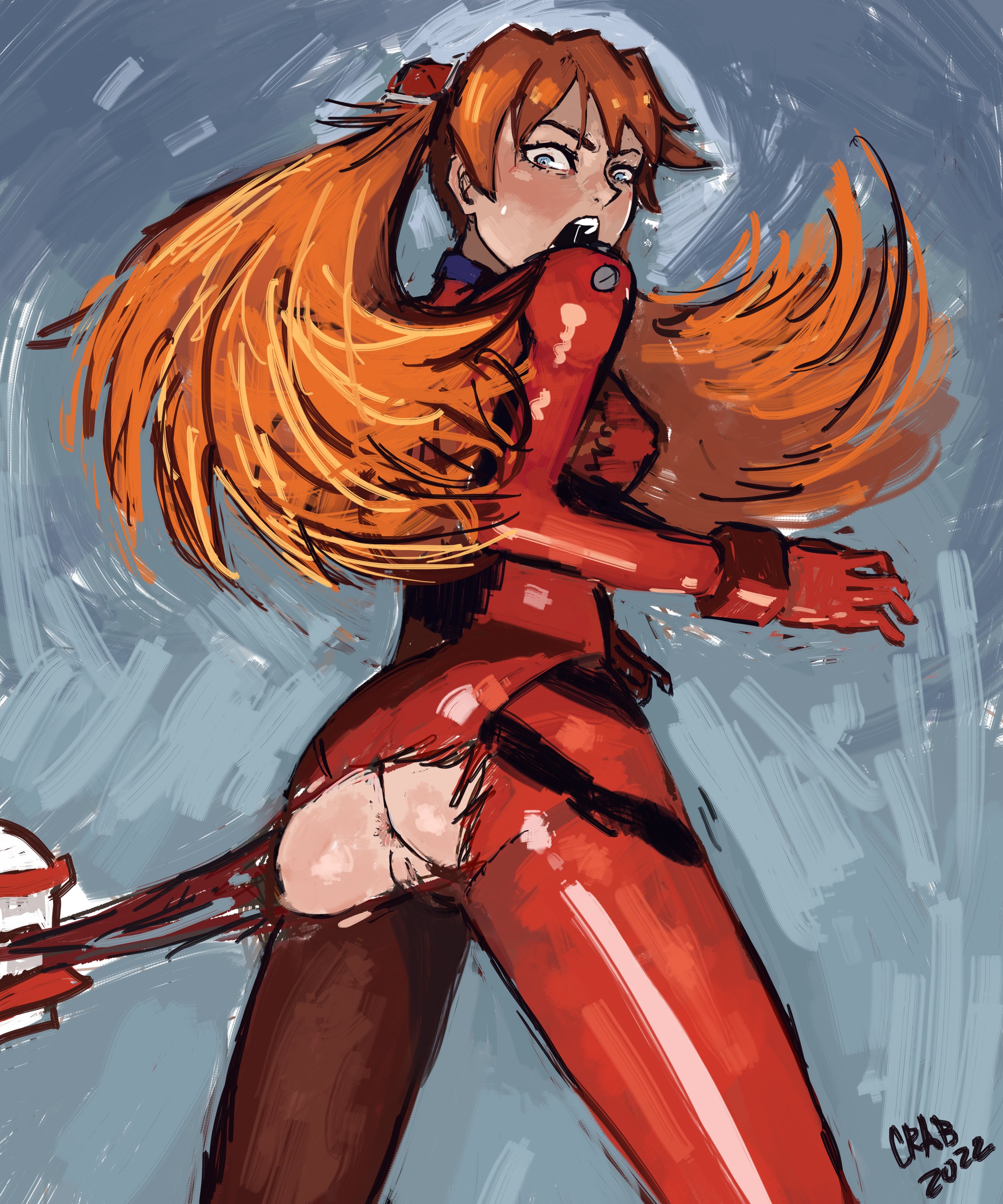1girls, anal, anal access, anal only, anal only bodysuit, anus, ass, asuka langley sohryu, bodysuit, breasts, clothing, crab (artist), easy access, embarrassed nude female, female, female only, from behind, light skin, light-skinned female, long hair, mass production eva, neon genesis evangelion, open mouth, orange hair, pilot suit, plugsuit, pussy, tearing clothes, the end of evangelion, torn bodysuit, torn clothes, twintails, wardrobe malfunction, wide hips