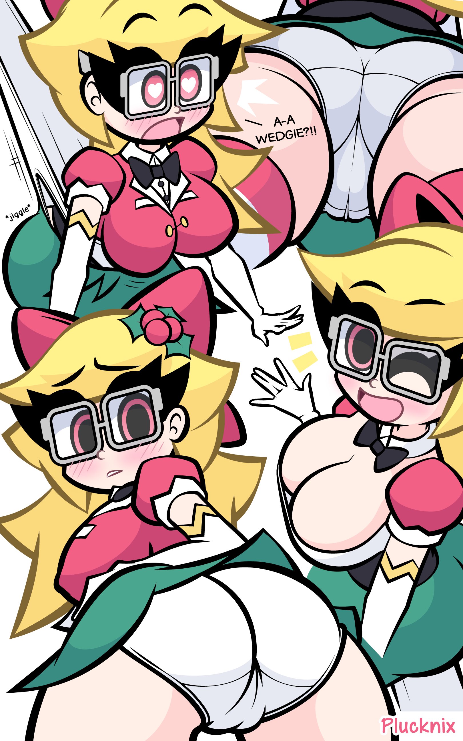 2022, ass, bent over, blonde hair, blush, bow, breasts, cameltoe, cleavage, english text, female, from above, from below, glasses, gloves, hair ornament, hairbow, heart-shaped pupils, holly (plant), holly (plucknix), large breasts, long gloves, looking at viewer, looking back, miniskirt, multiple poses, one eye closed, panties, panty pull, plucknix, presenting, presenting hindquarters, pussy, red eyes, skirt, standing, surprised, tagme, text, trefoil, upskirt, wedgie, white panties, wink