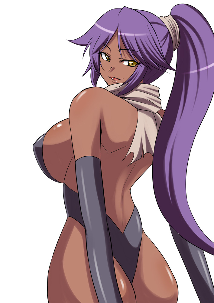 artist_request ass backboob bleach breasts cleavage dark-skinned_female dark_skin female female_only human large_breasts long_hair no_bra open_mouth panties ponytail purple_hair shihouin_yoruichi sideboob smile solo thong tied_hair underwear yellow_eyes zerosu_(take_out)