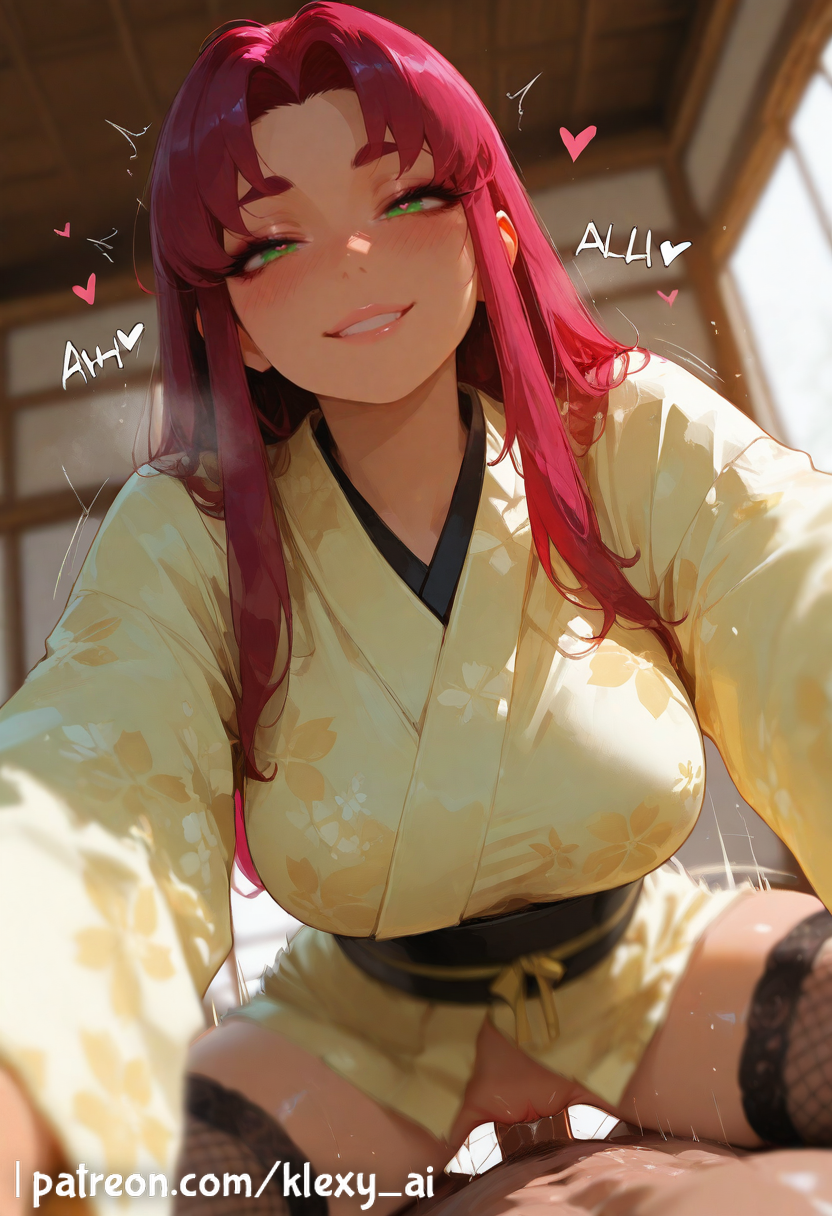 :), :d, 1boy, 1girls, ai generated, cartoon network, clothing, commission, dc, dc comics, english text, female, female focus, fringe, green eyes, green sclera, happy sex, heart, heart symbol, hi res, huge breasts, hugging, indoors, kimono, klexyai, koriand'r, legwear, lipstick, low-angle view, male, penetration, penis, red hair, sex, smile, starfire, tan skin, tanned female, tanned skin, teen titans, teenager, teeth, teeth showing, text, uncensored, watermark