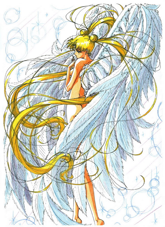 angel_wings artist_request bishoujo_senshi_sailor_moon convenient_censoring detransformation feathers nipples nude small_breasts smile solo straight_hair usagi_tsukino wings