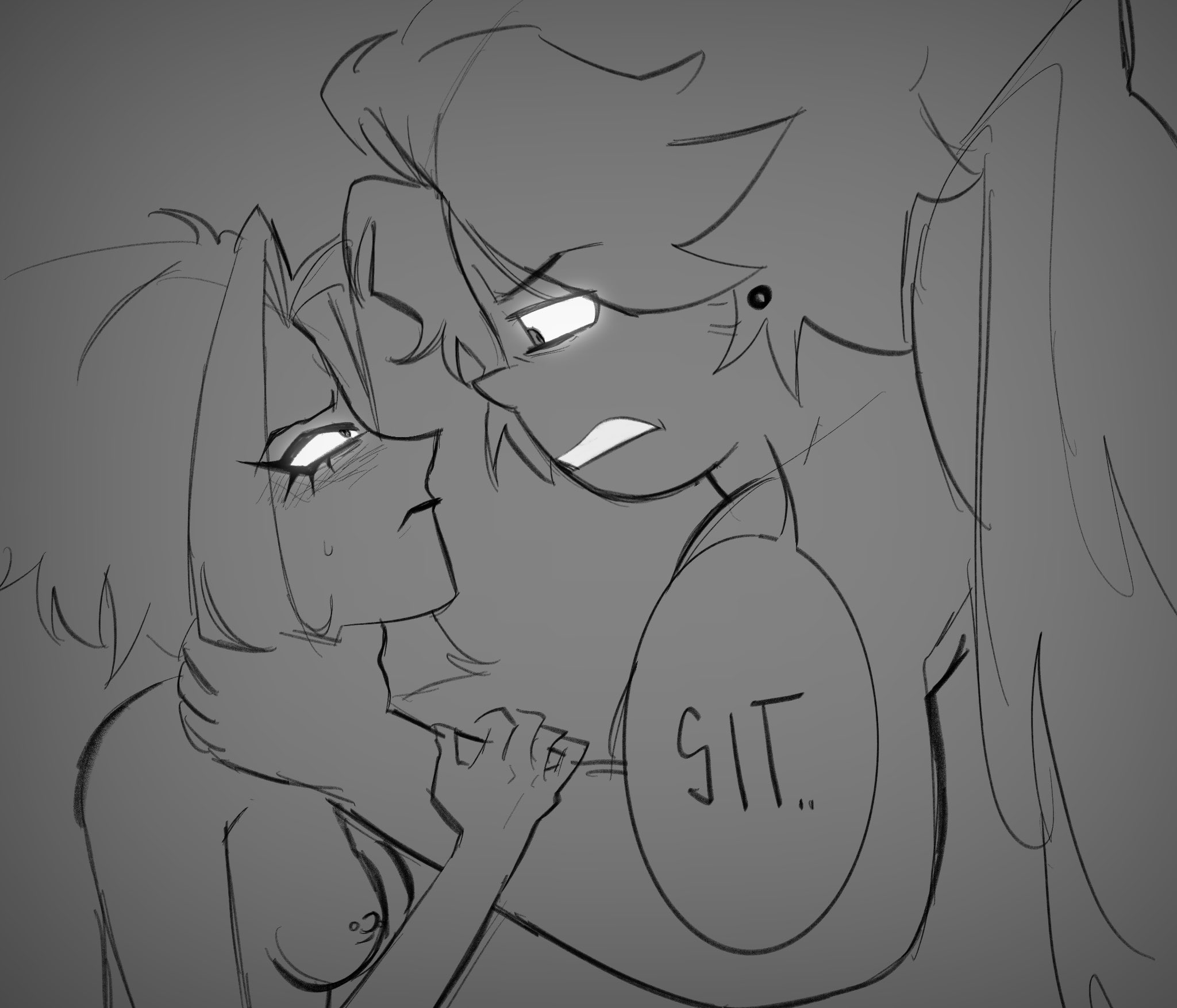 abel (hazbin hotel), blush, breasts, dialogue, dominant, duo, female, hair, hand around neck, hazbin hotel, lute (hazbin hotel), male, male/female, nipple piercing, nipples, nude, simple background, speech bubble, straight, sweat, teeth, wings, wokky