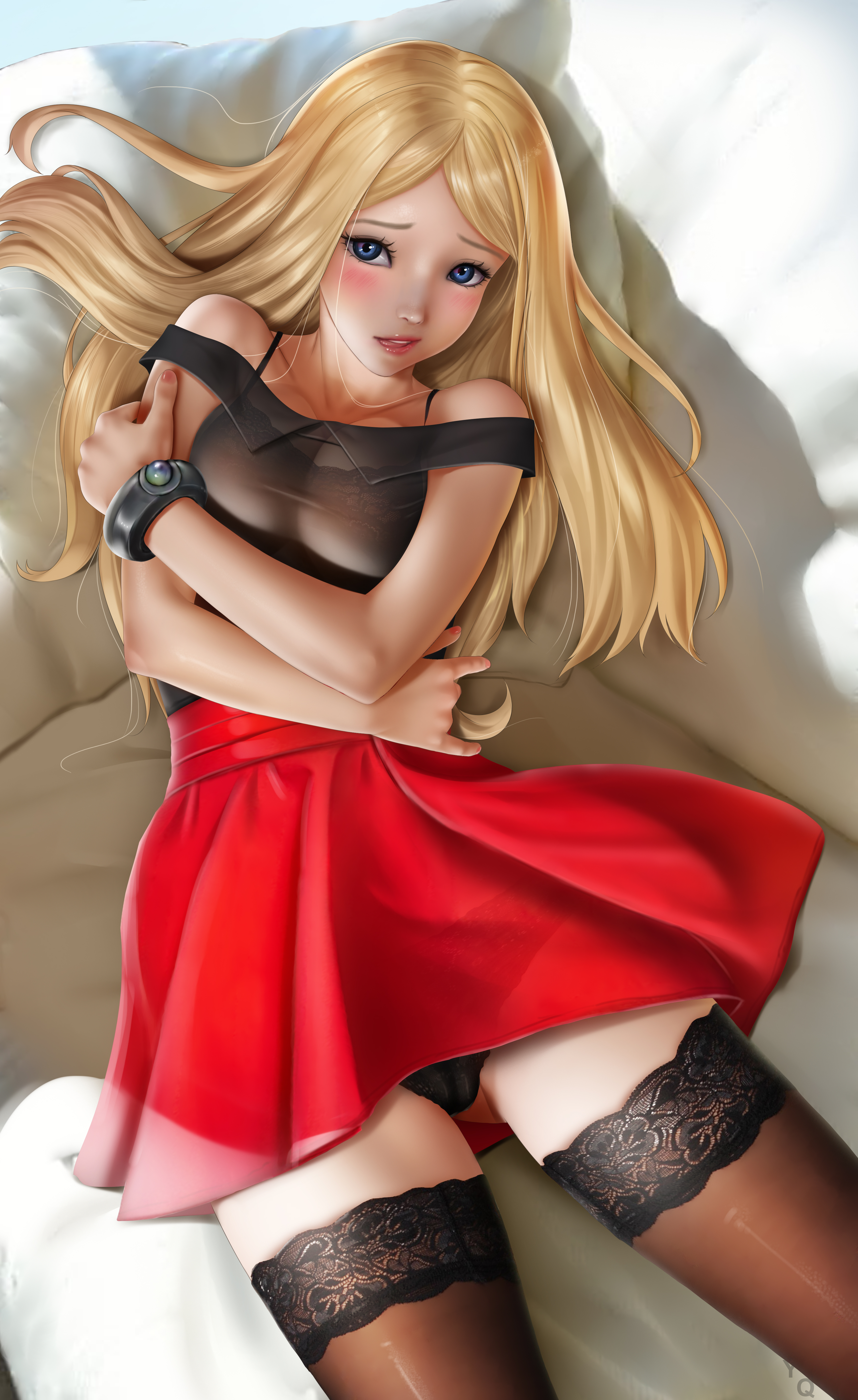 absurdres, ass, bed, bed sheet, black bra, black panties, black shirt, black thighhighs, blonde hair, blue eyes, blush, bra, bracelet, breasts, cleavage, eyelashes, fingernails, gluteal fold, highres, jewelry, lace, lace bra, lace panties, lace trim, lace-trimmed bra, lace-trimmed legwear, lace-trimmed panties, lace-trimmed thighhighs, large breasts, lingerie, lips, lipstick, long hair, looking at viewer, loose hair strand, lying, makeup, mega ring, nail polish, nintendo, off shoulder, off-shoulder shirt, on back, open mouth, panties, pantyshot, parted bangs, parted lips, pillow, pink nails, pokemon, pokemon xy, red skirt, see-through clothes, serena (pokemon games), serena (pokemon), shadow, shirt, skirt, thighhighs, thighs, tongue, underwear, yiqiang