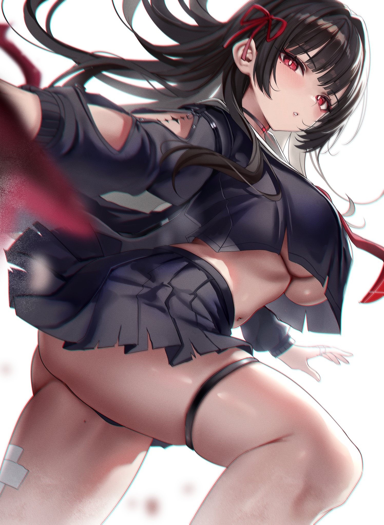 1girl, alternate breast size (larger), arm cutout, ass peek, black choker, black hair, black jacket, black shirt, black skirt, breasts, chisa (wuthering waves), choker, chromatic aberration, clothing cutout, crop top, feet out of frame, from side, highres, jacket, large breasts, long hair, long sleeves, looking at viewer, looking to the side, mole, mole under eye, navel, parted lips, red eyes, red ribbon, ribbon, shirt, skirt, solo, stomach, stone (ksorede), tacet mark (wuthering waves), thigh strap, thighs, underboob, wuthering waves