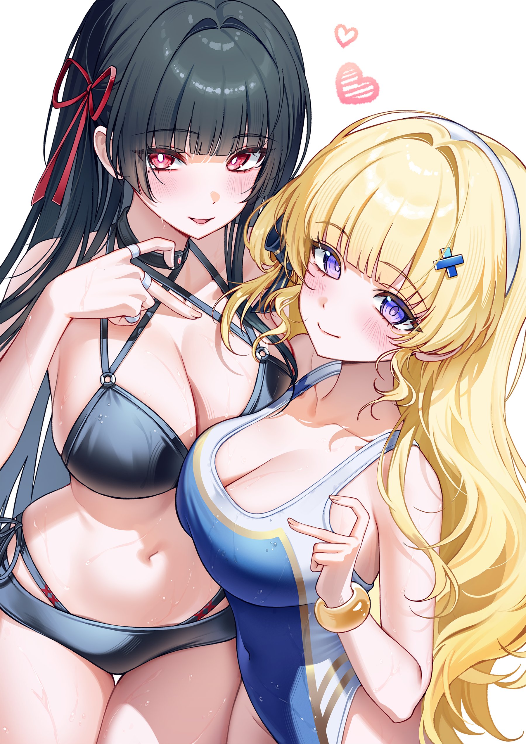 2girls, black hair, black swimsuit, blonde female, blonde hair, blue swimwear, breasts, chisa (wuthering waves), exposed breasts, long hair, phoebe (wuthering waves), red eyes, swimsuit, swimwear, wuthering waves