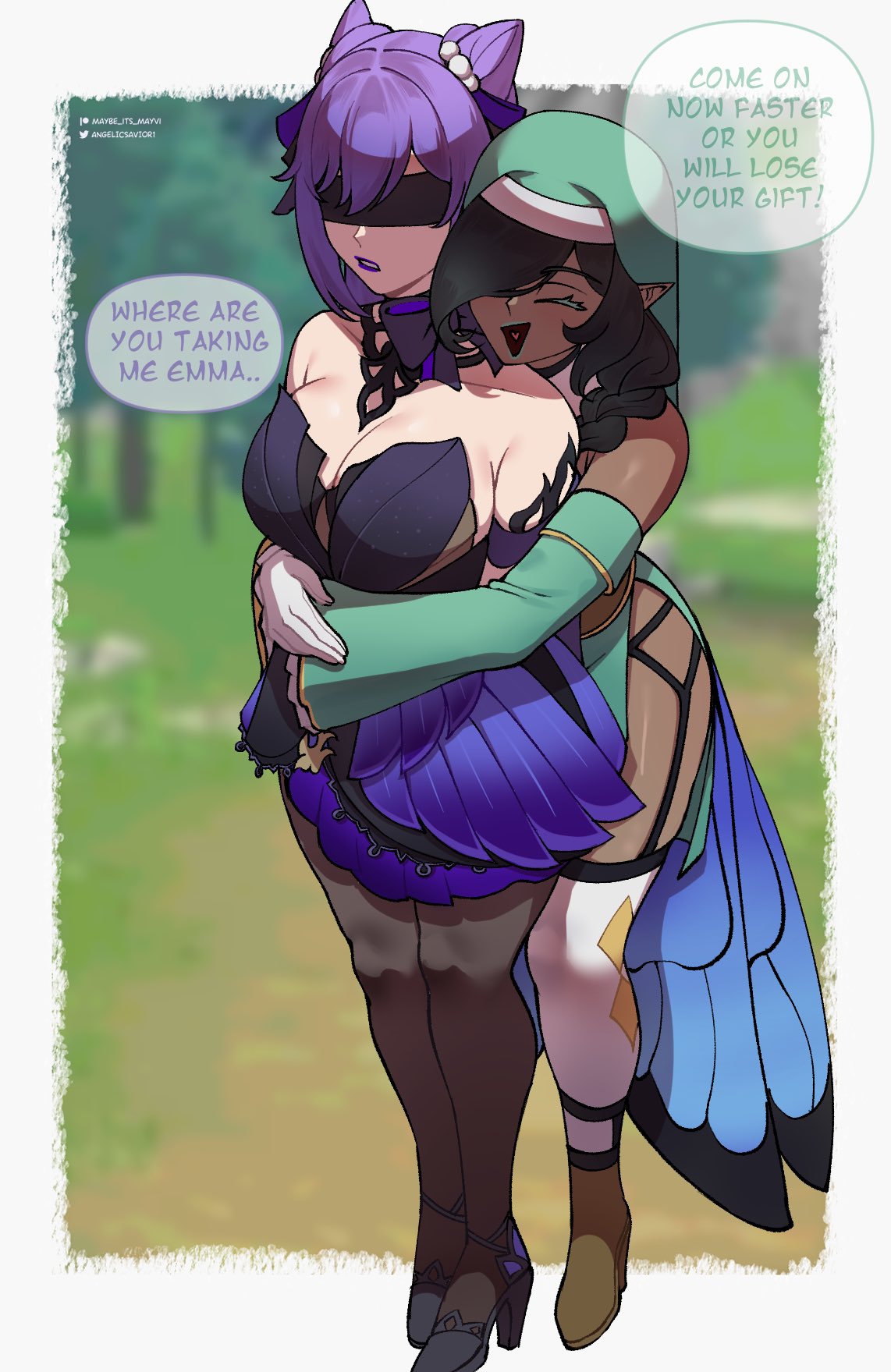 2girls, angelicsavior1, black hair, blindfold, blindfolded, breasts, cone hair bun, dialogue, dress, emma (angelicsavior1), english text, garter straps, genshin impact, heels, high heels, hugging, hugging from behind, keqing (genshin impact), keqing (opulent splendor) (genshin impact), nun, nun outfit, nun's habit, open mouth, pantyhose, purple hair, stockings, text, thick thighs, thighhighs, thighs, twintails, white thighhighs