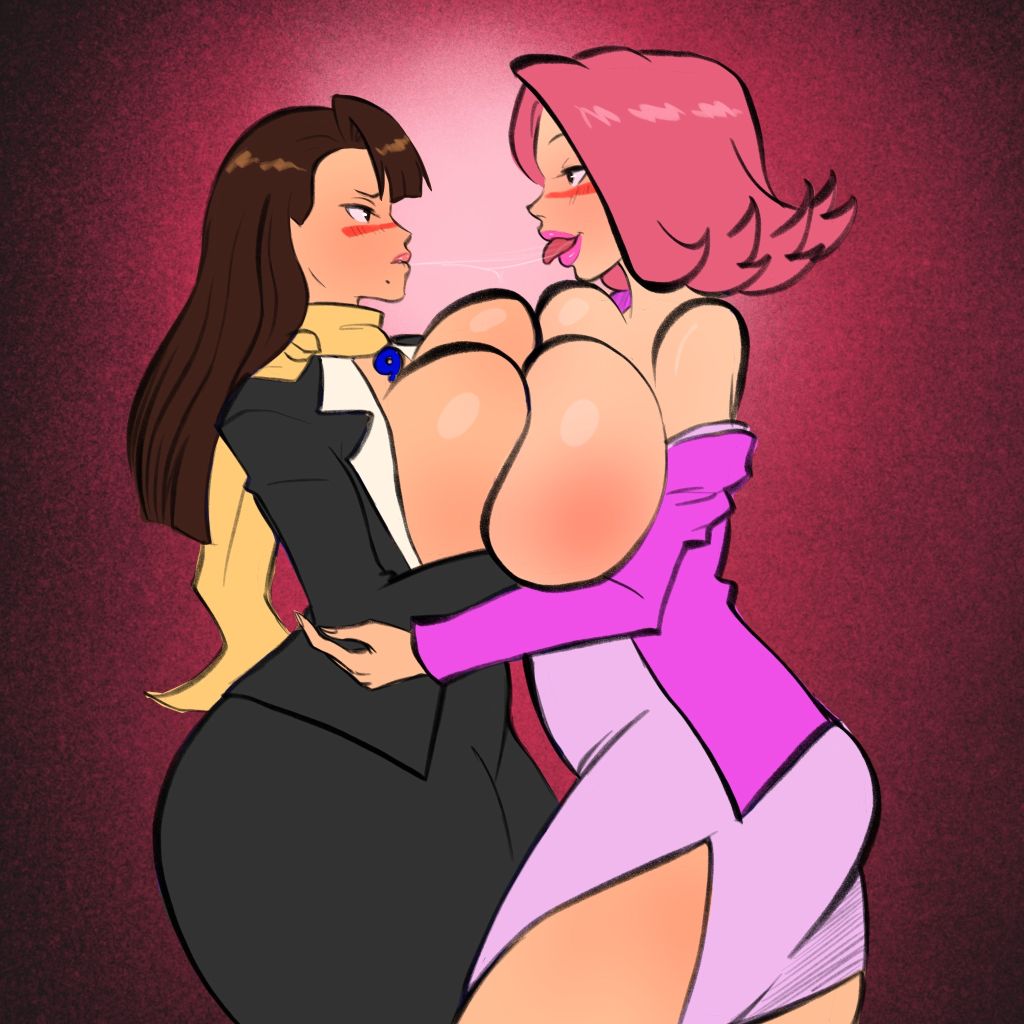 2girls, ace attorney, april may, beauty mark, big breasts, blush, breast to breast, breasts, female, female only, gyakuten saiban, huge breasts, mia fey, saliva, saliva string, tiddykubo, tongue, tongue out, yuri