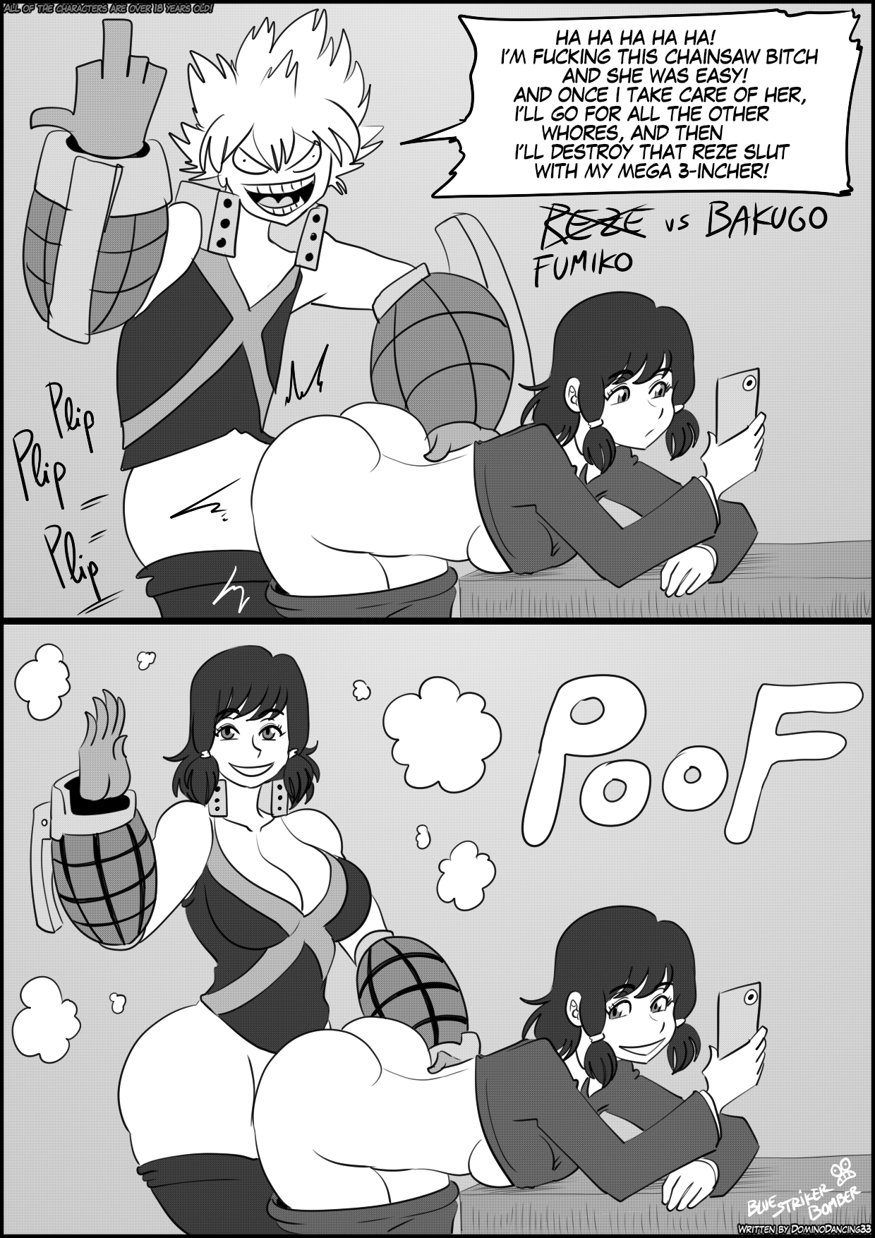 1boy, 2girls, ass, bakugou katsuki, big ass, big breasts, bluestrikerbomber, body copy, bored sex, breasts, chainsaw man, cleavage, clone, crossover, dominodancing33, gender transformation, internet controversy, katsuki bakugou, large breasts, meme, middle finger, mifune fumiko, monochrome, my hero academia, one of us, partially clothed, phone, selfcest, small penis, smirk, transformation, twinning