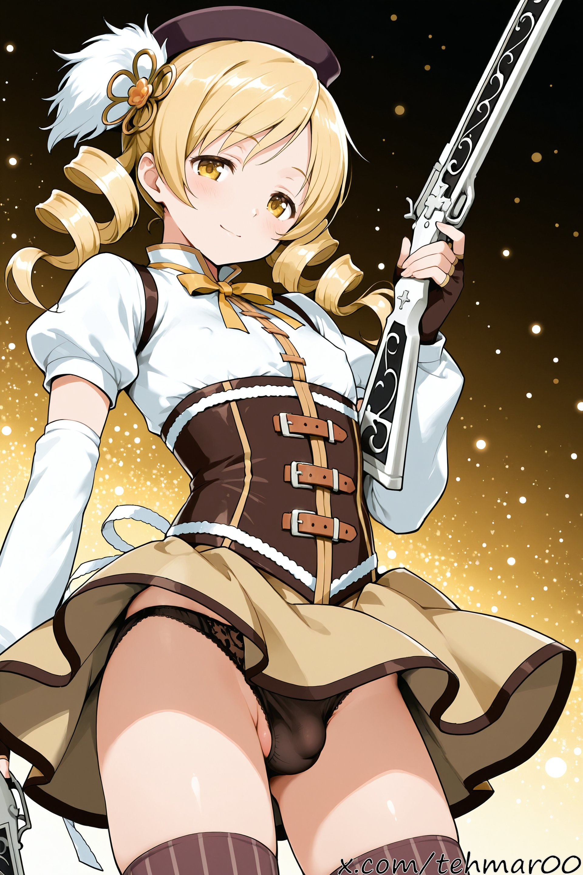 1boy, ai generated, bangs, beret, black panties, blonde hair, blush, bulge, corset, cowboy shot, detached sleeves, drill hair, eyebrows visible through hair, femboy, fingerless gloves, from below, genderswap (ftm), gloves, gun, hair ornament, hat, holding weapon, light particles, looking at viewer, magical girl, magical musket, male, panties, puella magi madoka magica, puffy sleeves, ribbon, rule 63, skirt, smile, solo, standing, striped, striped thighhighs, tagme, tehmar, thighhighs, tomoe mami, trans woman, transfem, trap, twin drills, twintails, underwear, upskirt, vertical stripes, vertical-striped thighhighs, weapon, yellow eyes