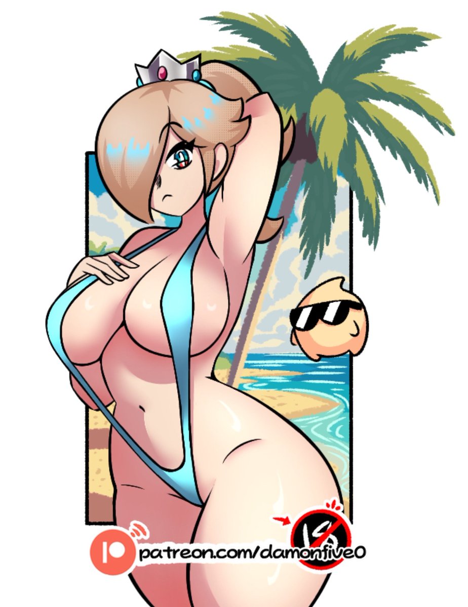 1girls, arm up, armpits, beach, big breasts, bikini, blonde hair, breasts, cowboy shot, crown, damonfive0, hair over one eye, long hair, looking at viewer, luma, mario (series), navel, nintendo, palm tree, princess rosalina, sideboob, slingshot swimsuit, super mario galaxy, swimsuit, tagme, thighs, tree
