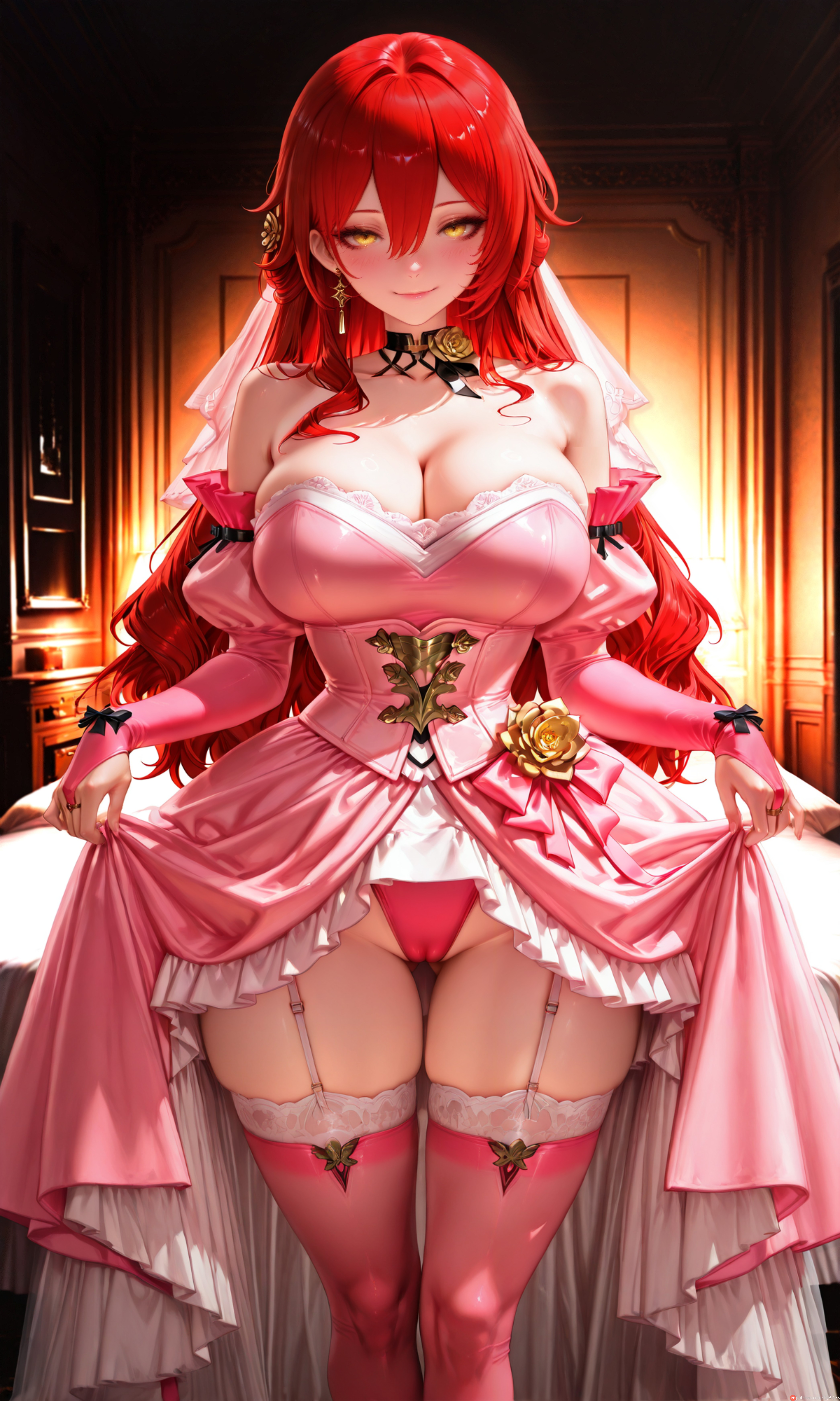 ai generated, ass visible through thighs, bare shoulders, blush, breasts, cameltoe, choker, cleavage, closed mouth, clothes lift, collarbone, commission, commissions open, detached sleeves, dress, dress lift, earrings, female, flower choker, garter straps, hair between eyes, himeko (honkai: star rail), honkai: star rail, jewelry, large breasts, lifted by self, long hair, looking at viewer, panties, pink dress, pink panties, pink thighhighs, red hair, self upload, smile, solo, standing, strapless, tgv9173, thighhighs, thighs, underwear, wedding dress, yellow eyes, yellow flower