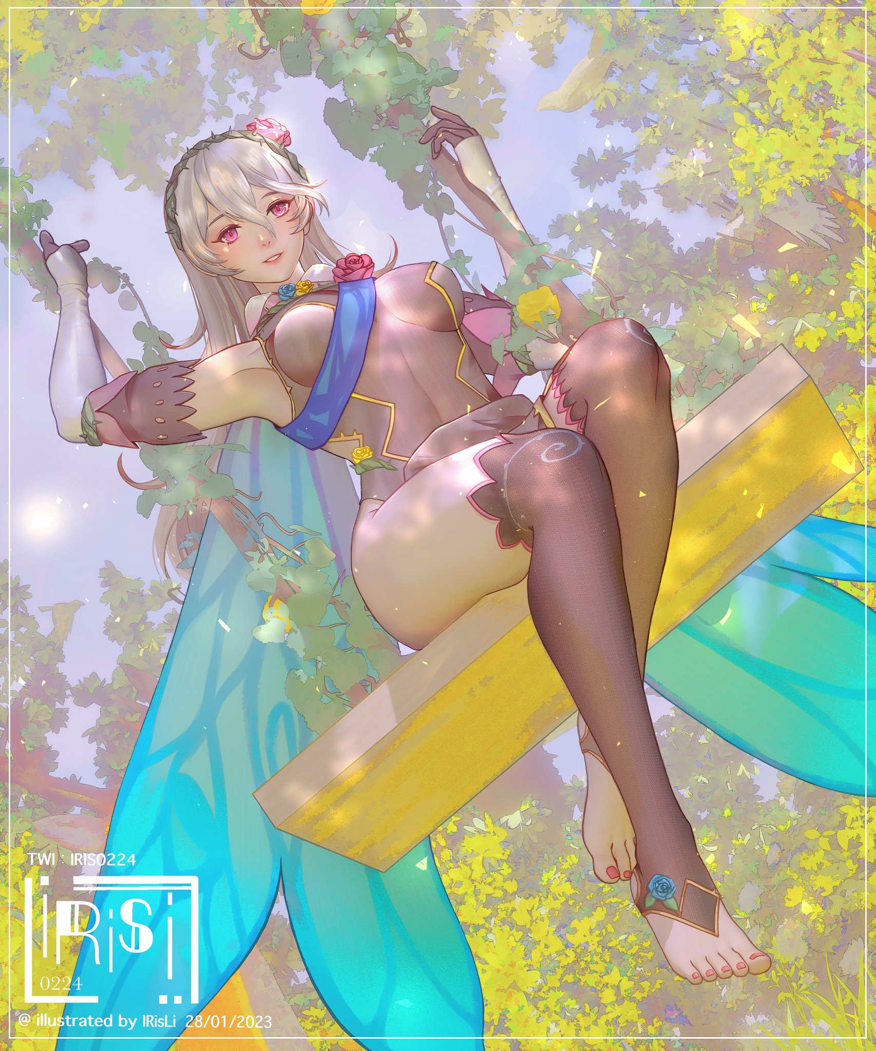 1girls, alluring, bare shoulders, cape, closed mouth, corrin (fire emblem), corrin (fire emblem) (female), corrin (resplendent) (fire emblem) (female), elbow gloves, feet, fire emblem, fire emblem fates, fire emblem heroes, fire emblem warriors, full body, gloves, gradient clothes, hair ornament, hairband, hand up, high res, intelligent systems, irisl, long hair, looking at viewer, medium breasts, nintendo, official alternate costume, red eyes, see-through clothes, stirrup legwear, stockings, thighs, thorns, toeless legwear, toes, turtleneck, white hair