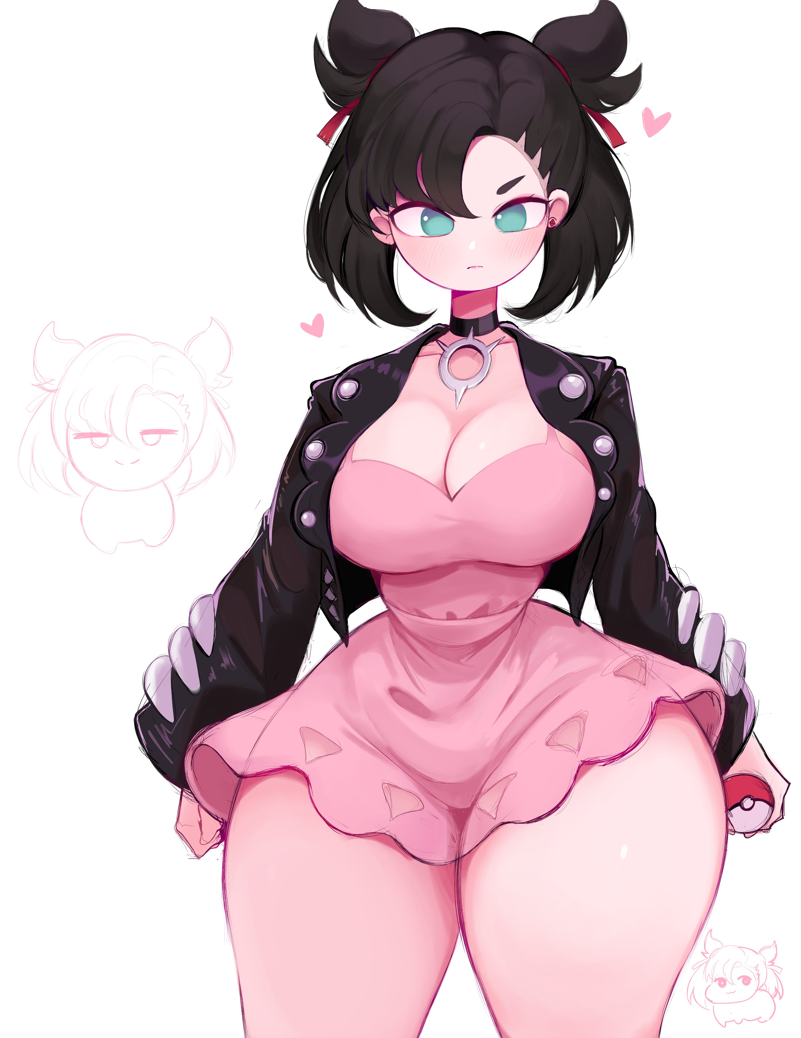 1girls, alternate breast size, breasts, female, female focus, female only, large breasts, light skin, light-skinned female, looking at viewer, marnie (pokemon), nintendo, pokemon, reinsleif, rox hoxten, solo, thick thighs, thighs, white background, wide hips