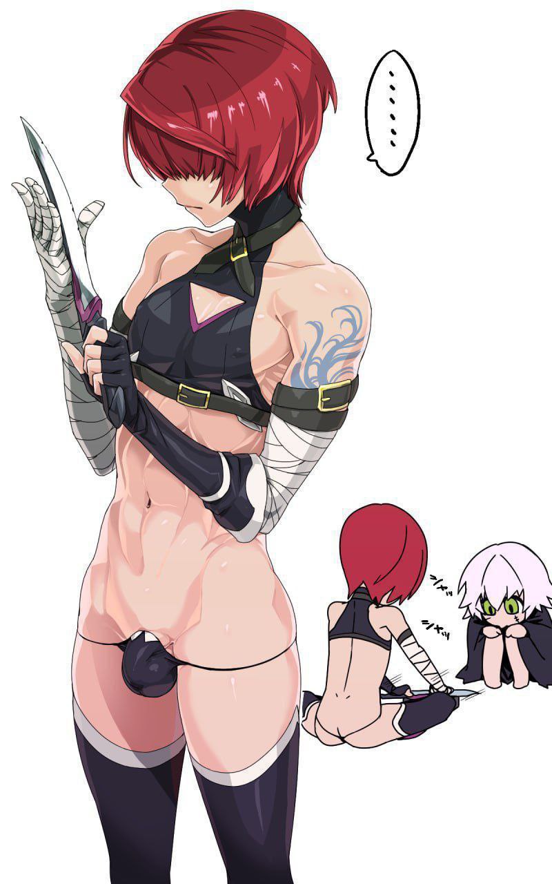 1boy, 1girls, dagger, fate (series), femboy, fuuma kotarou (fate), holding, holding weapon, jack the ripper (fate/apocrypha), knife, kuroino (0kuro8ino6), light-skinned male, male, male only, penis, red hair, solo, solo focus, text bubble, weapon