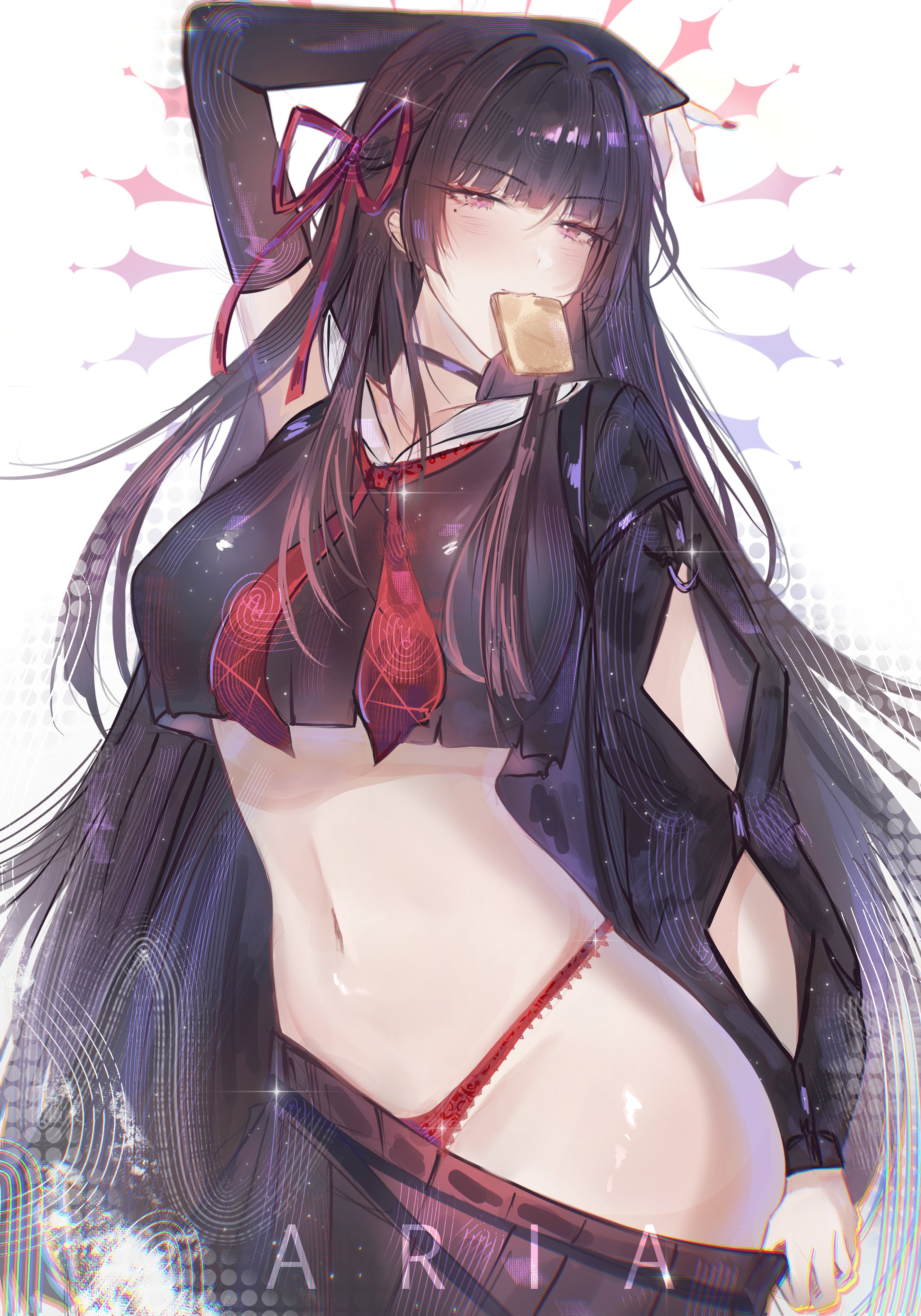 1girls, black hair, chisa (wuthering waves), long hair, red eyes, red underwear, school uniform, schoolgirl, seifuku, skirt down, toast, underwear, wuthering waves