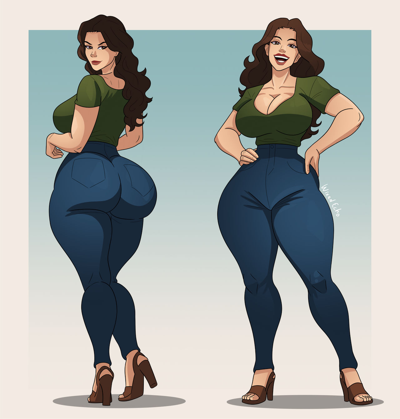 1girls, ass, ass focus, booty, bottom heavy, brown hair, brunette hair, female, front and back, gina zuccaro, huge ass, long hair, original character, sarecule, showing off ass, someone else's oc, wixedecho