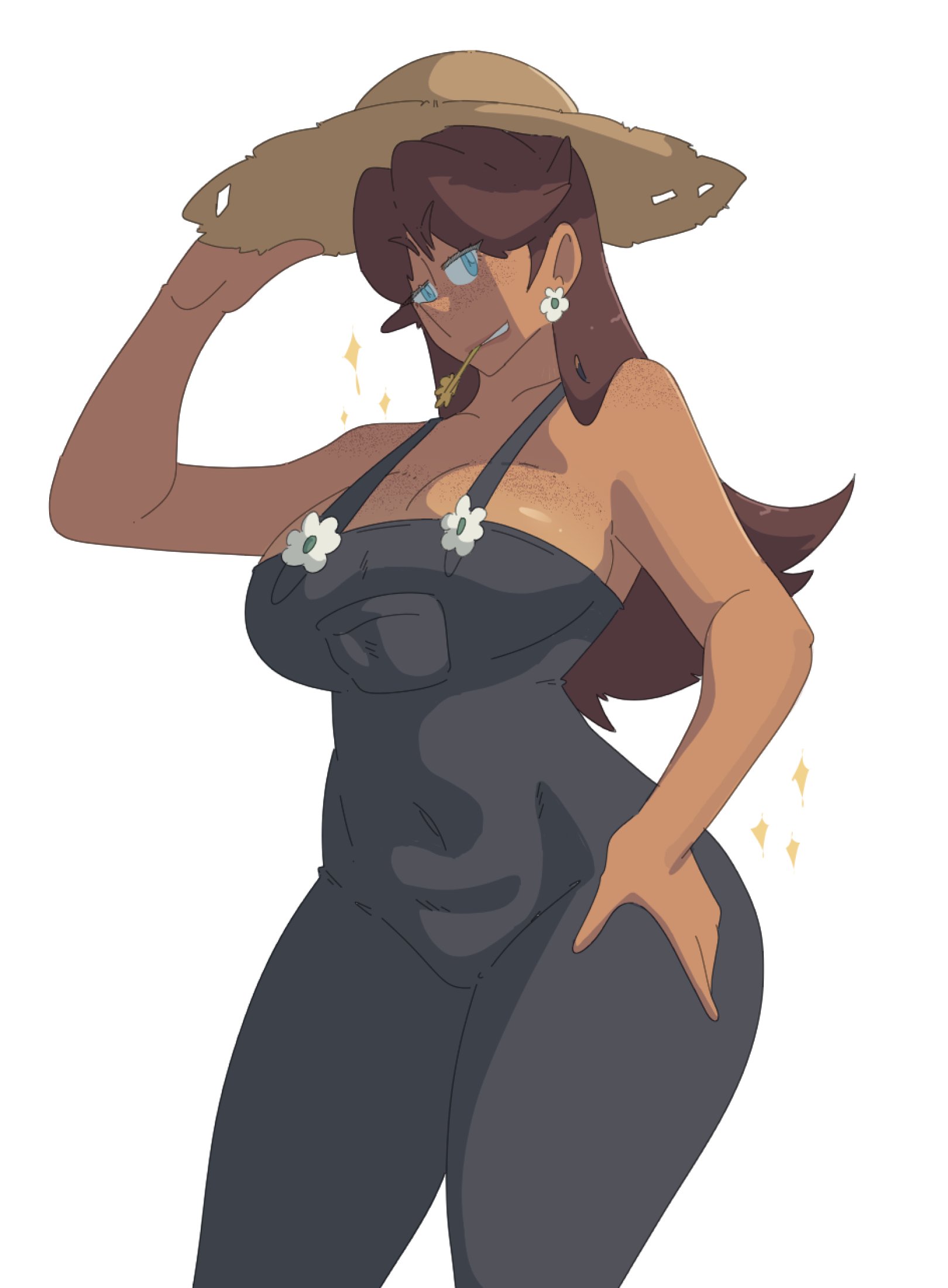 1girls, bare shoulders, blue eyes, breasts, brown hair, cleavage, covered navel, earrings, female, flower earrings, freckles, freckles on breasts, freckles on face, freckles on shoulders, hat, large breasts, leedraw11, long hair, looking at viewer, mario (series), nintendo, no bra, no bra under clothes, overalls, overalls only, princess daisy, simple background, solo, solo female, solo focus, straw hat, white background