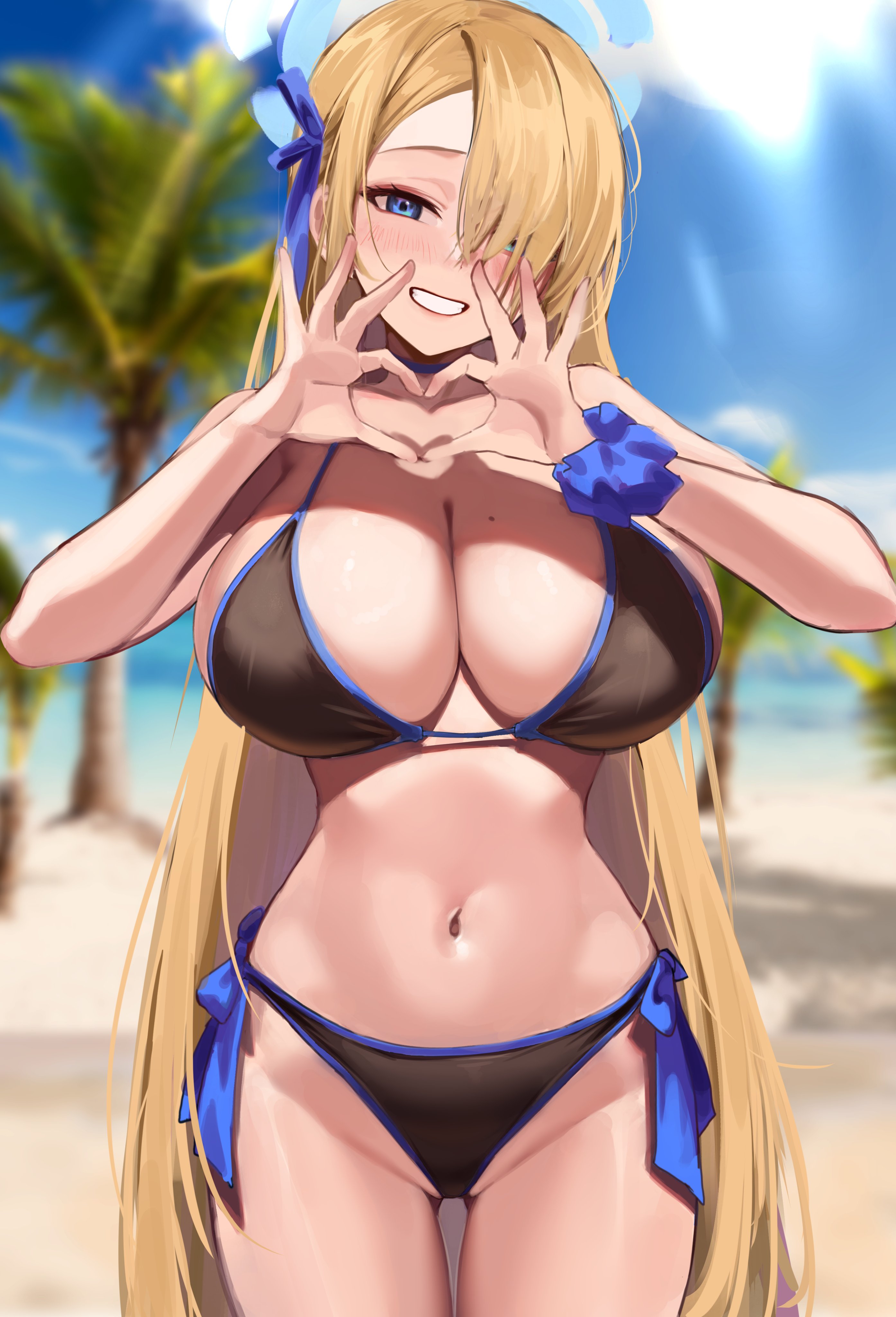1girls, alternate breast size, asuna (blue archive), beach, bikini, blonde hair, blue archive, blue eyes, breasts, cleaning & clearing (blue archive), cleavage, female, hair over one eye, halo, heart hands, huge breasts, large breasts, long hair, millennium science school student, outdoors, ribbon in hair, rinhee, smile, thick thighs, wide hips