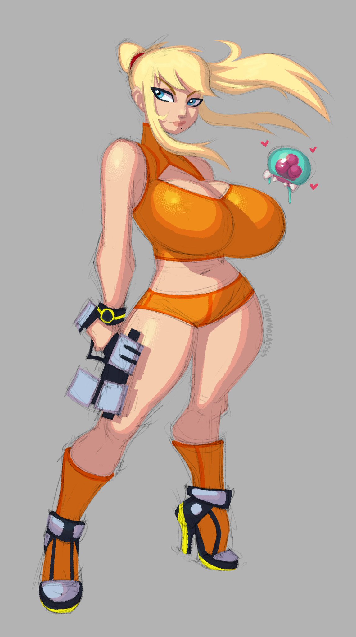 armband, beauty mark, blonde hair, blue eyes, boob window, captainmolasses, casual outfit (metroid), exposed midriff, heart symbol, high heels, huge breasts, large breasts, metroid, metroid (creature), metroid fusion, nintendo, pistol, ponytail, rocket heels, samus aran, simple background, sketch, zero suit (metroid fusion)