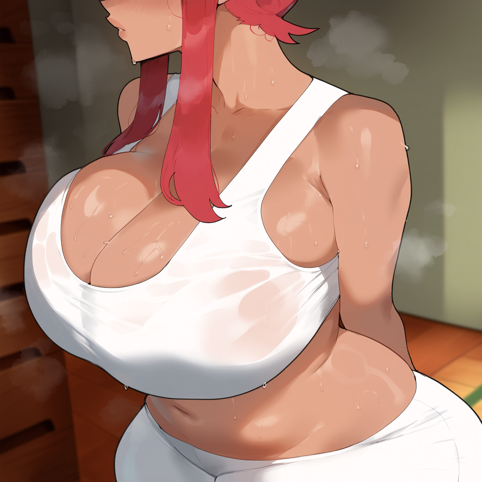 1girls, ai generated, bangs, big breasts, creamy ai, dark-skinned female, gym, pokemon, pokemon bw, red hair, skyla (pokemon), sports bra, tan body, thick thighs, white pants, white shirt, wide hips