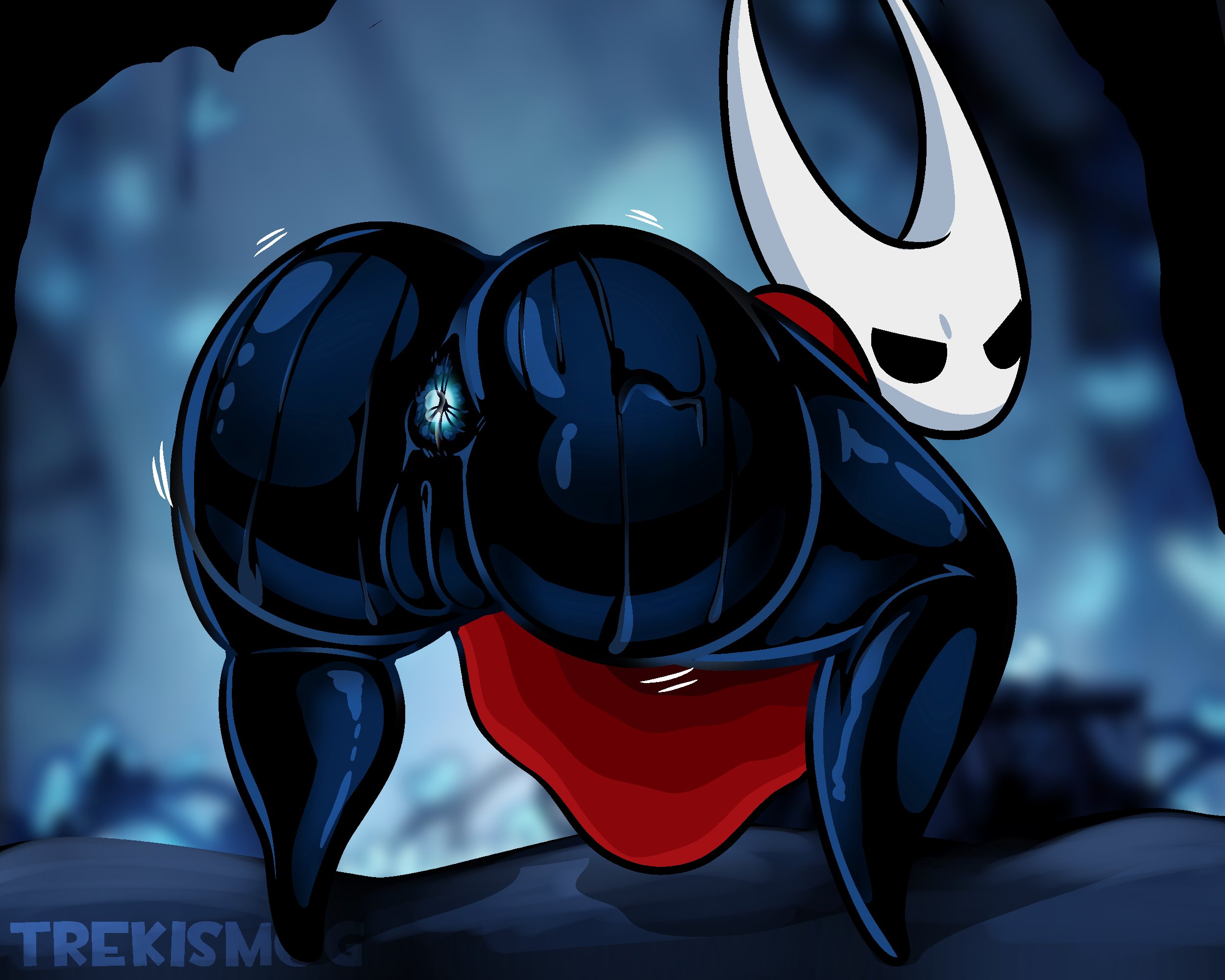 angry, anthro, anus, ass, big ass, black body, bubble butt, bug, bug girl, clothing, female, hi res, hollow knight, hornet (hollow knight), huge ass, looking back, pussy, rear view, solo, sweat, sweaty ass, thick thighs, trekismog